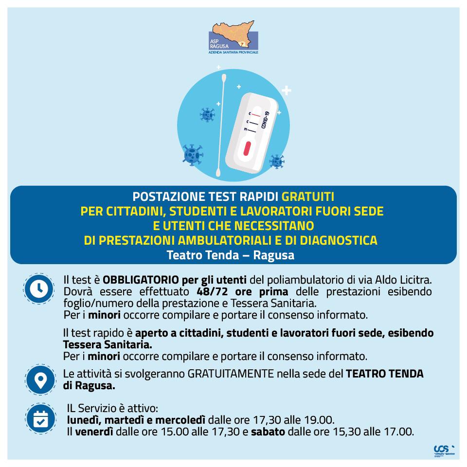 Ragusa: test gratuiti per i cittadini, gli studenti e i lavoratori fuori sede che rientrano in città