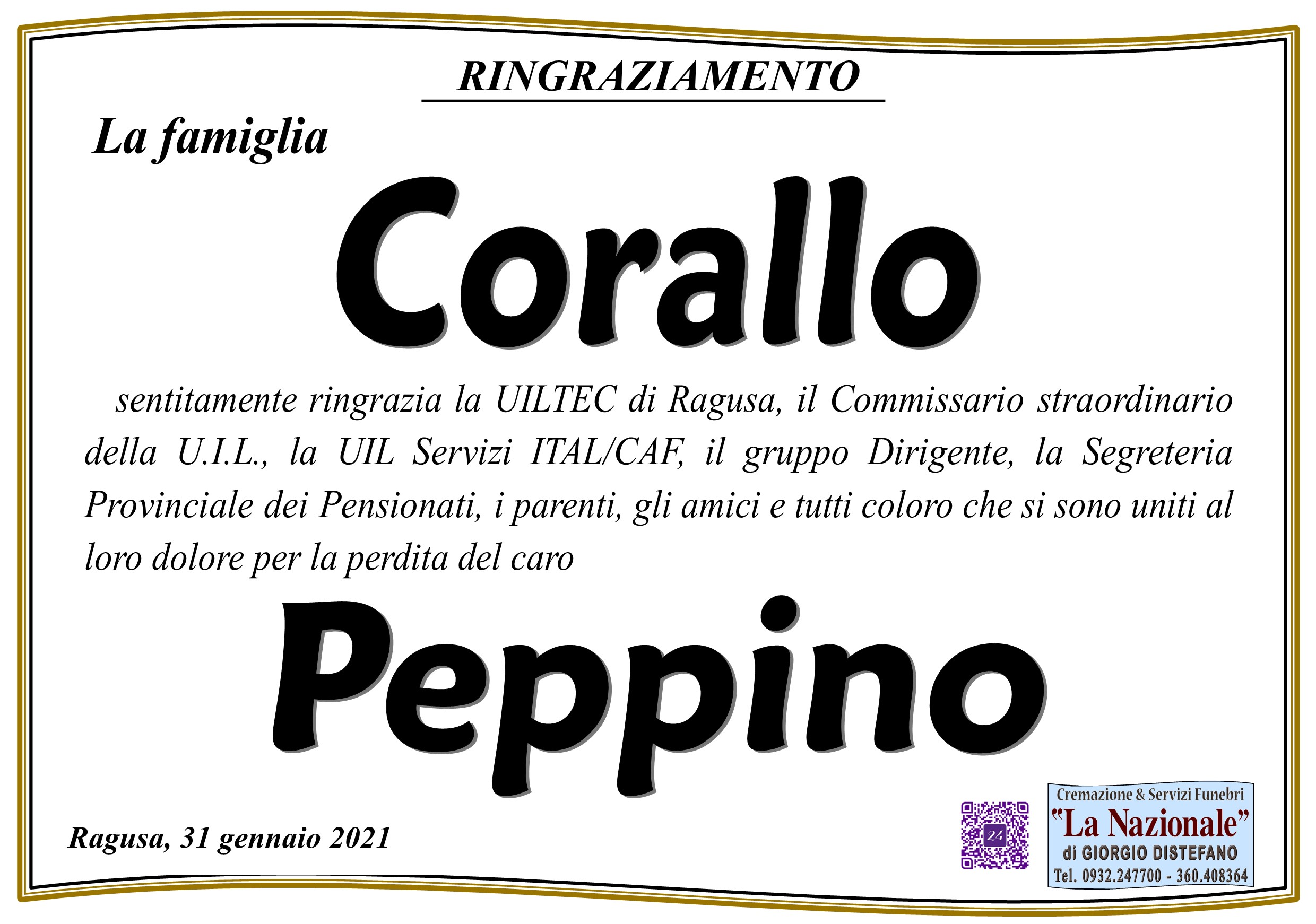 Necrologi: ringraziamento della famiglia Corallo