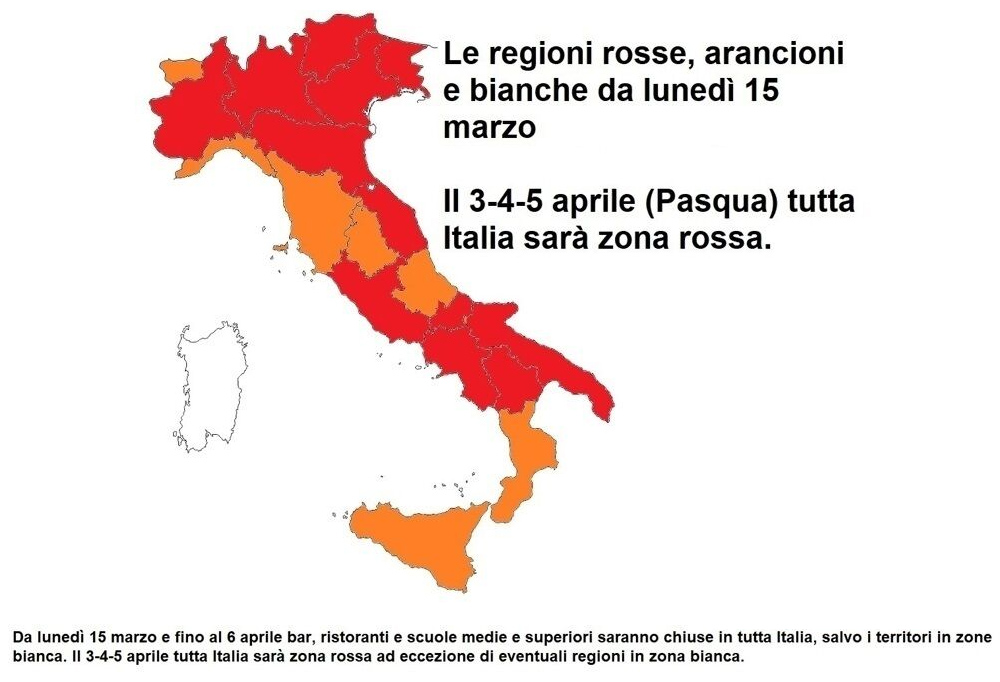 Regioni a zona rossa e a zona arancione. Ecco cosa cambia da lunedì 15 marzo. Torna l’autocertificazione