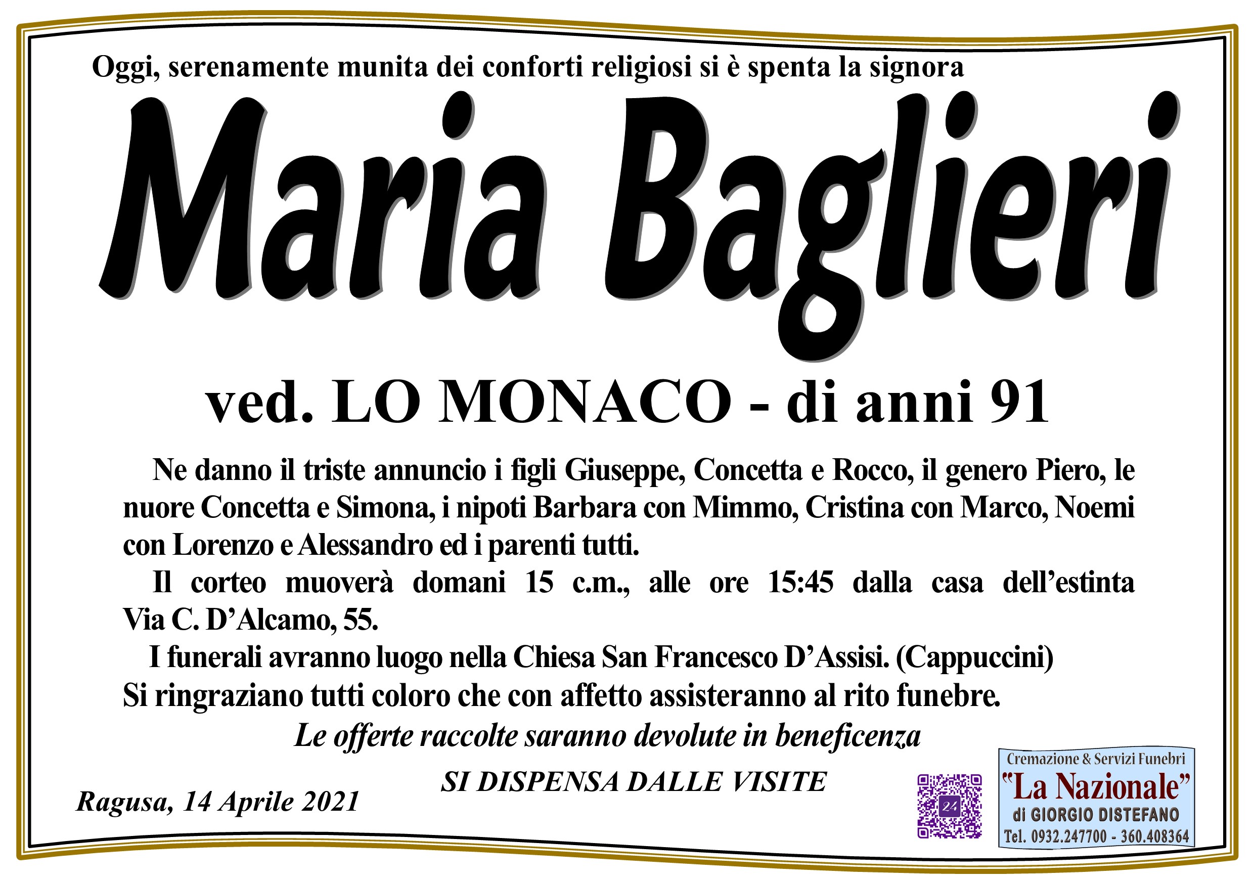 Necrologi. E’ morta Maria Baglieri