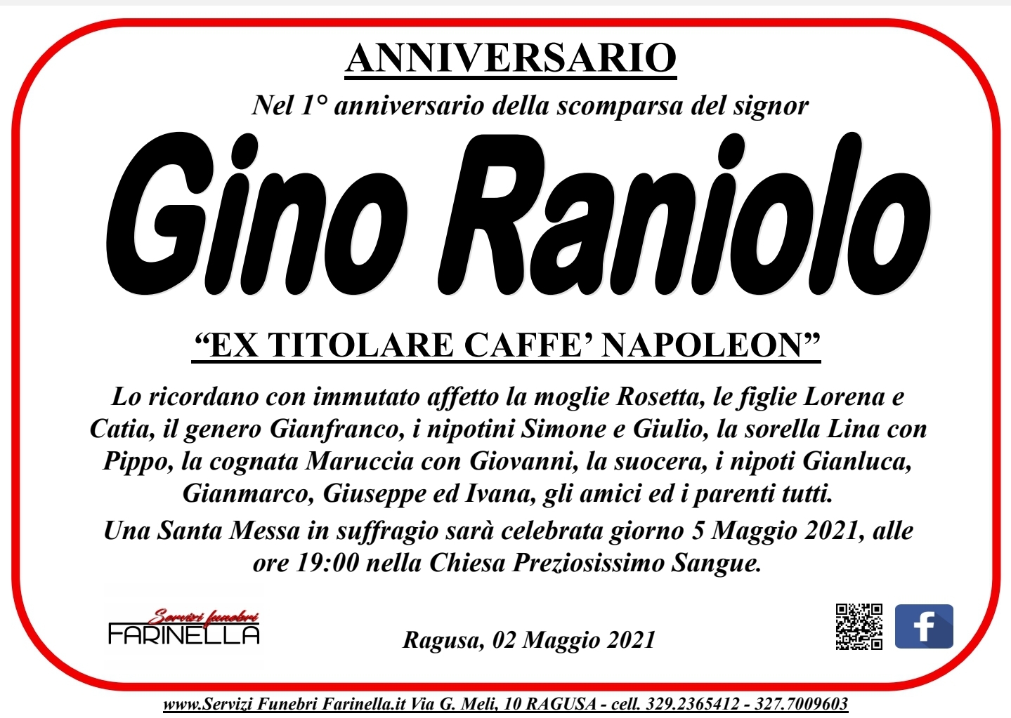 Necrologi: anniversario Gino Raniolo
