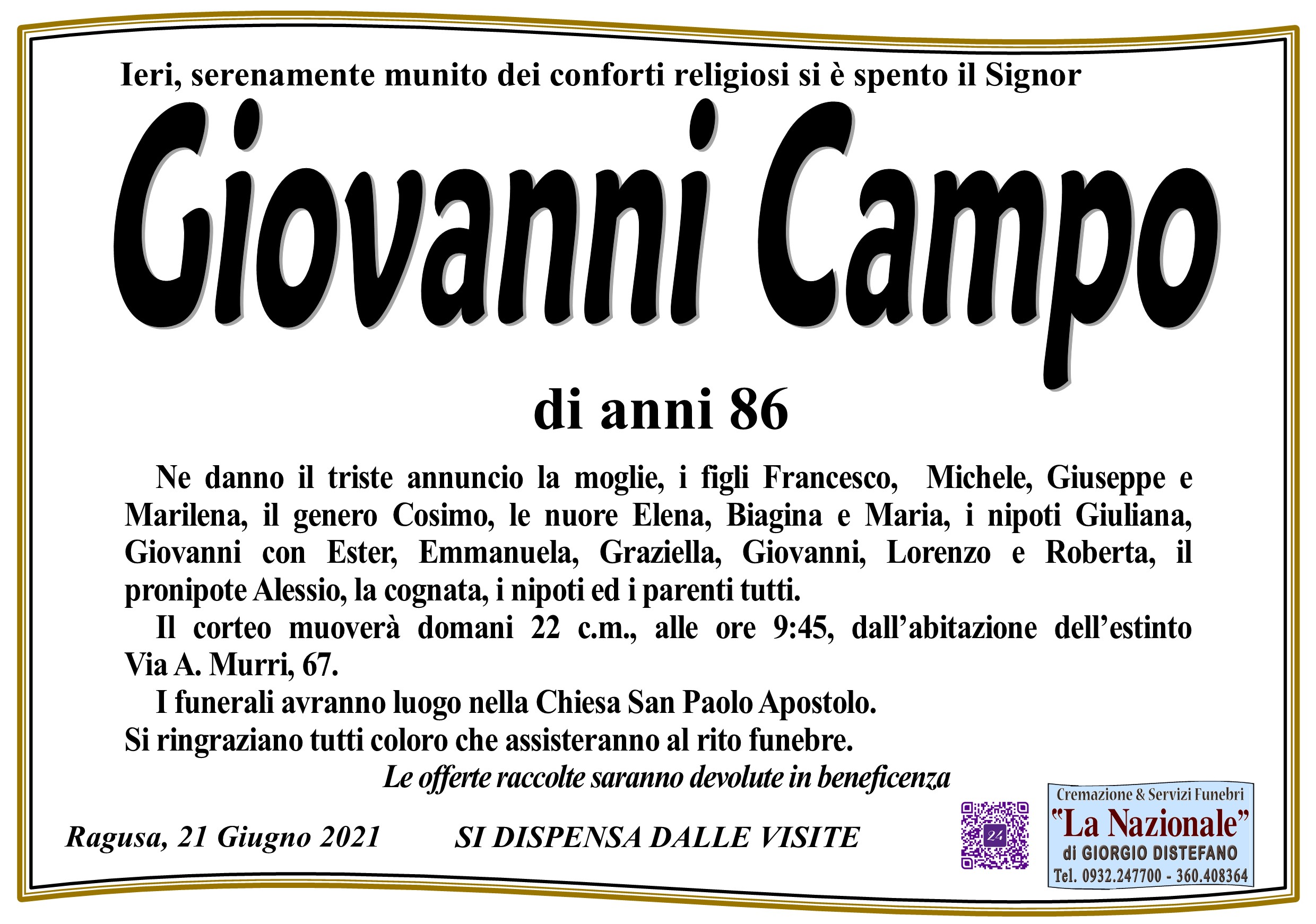Necrologi: Giovanni Campo