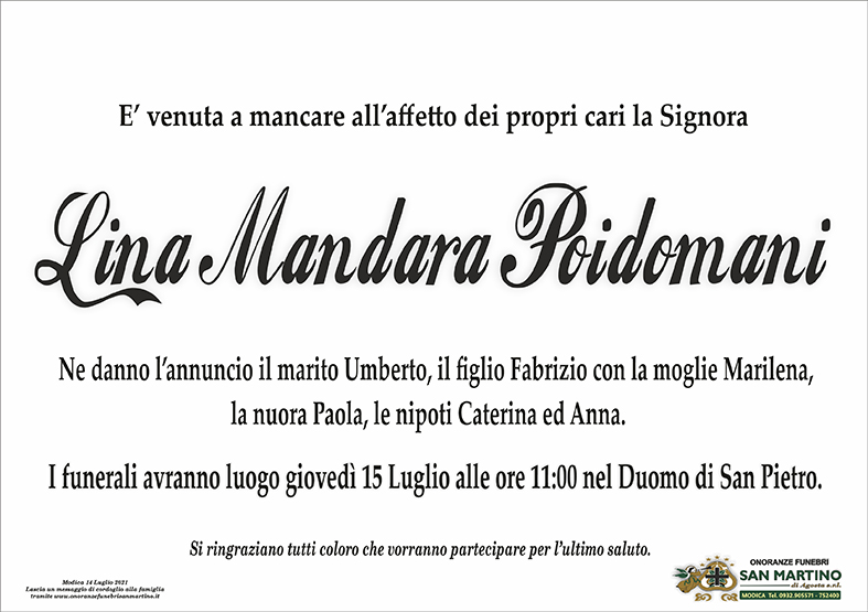 Necrologi: E’ scomparsa Lina Mandara Poidomani