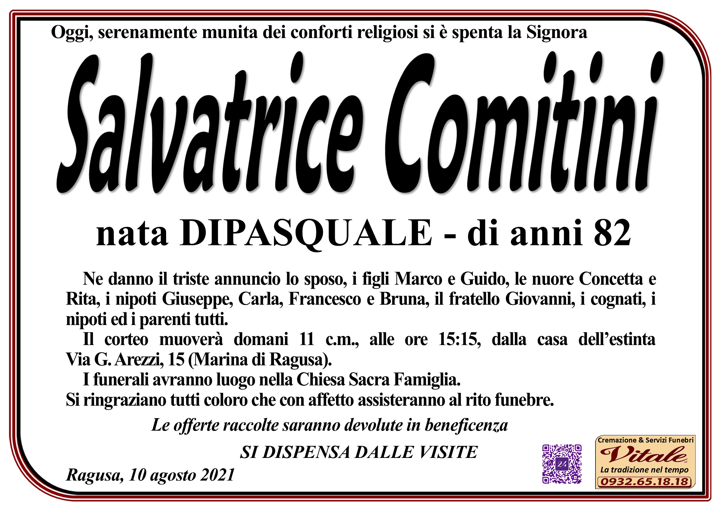 Necrologi: Salvatrice Comitini