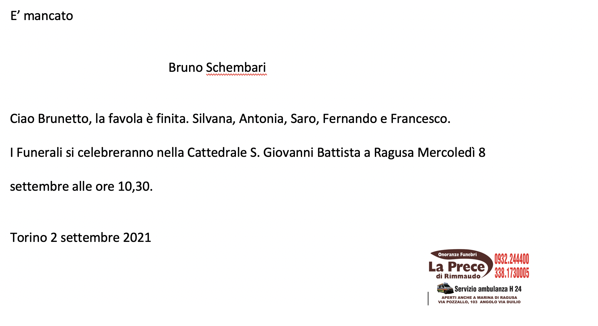 Necrologi: Bruno Schembari