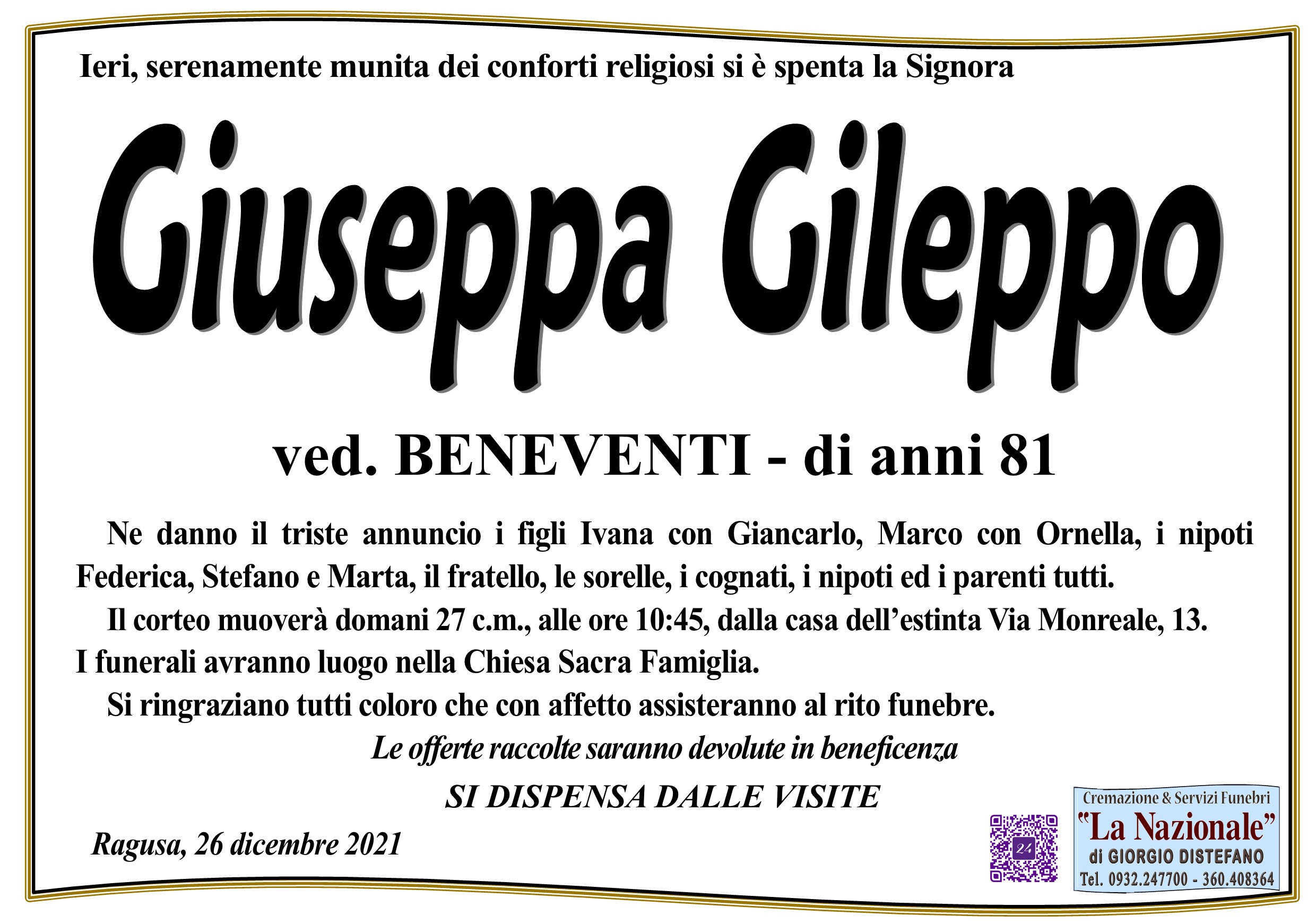 Necrologi: Giuseppa Gileppo