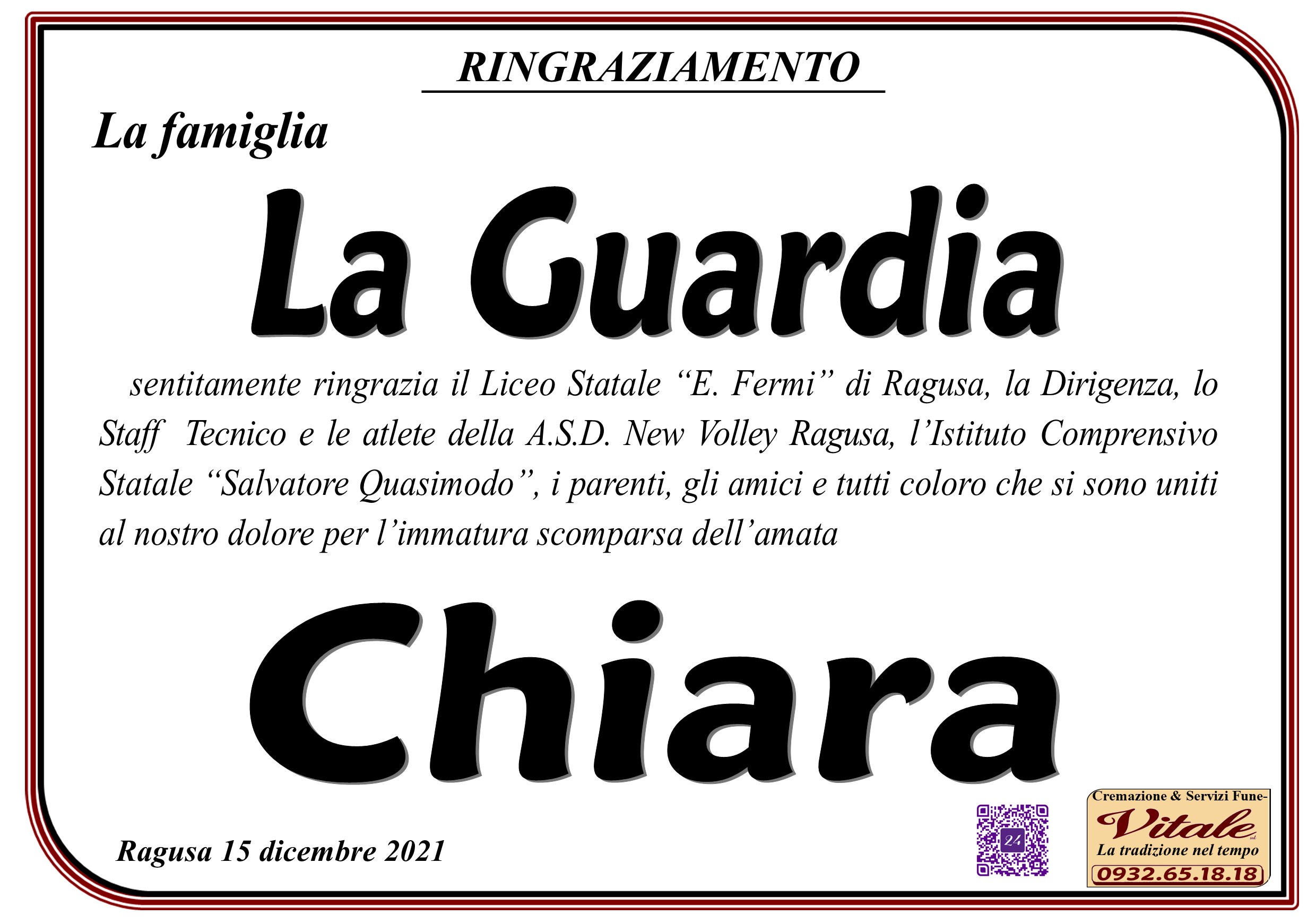 Necrologi, Chiara La Guardia: ringraziamento della famiglia