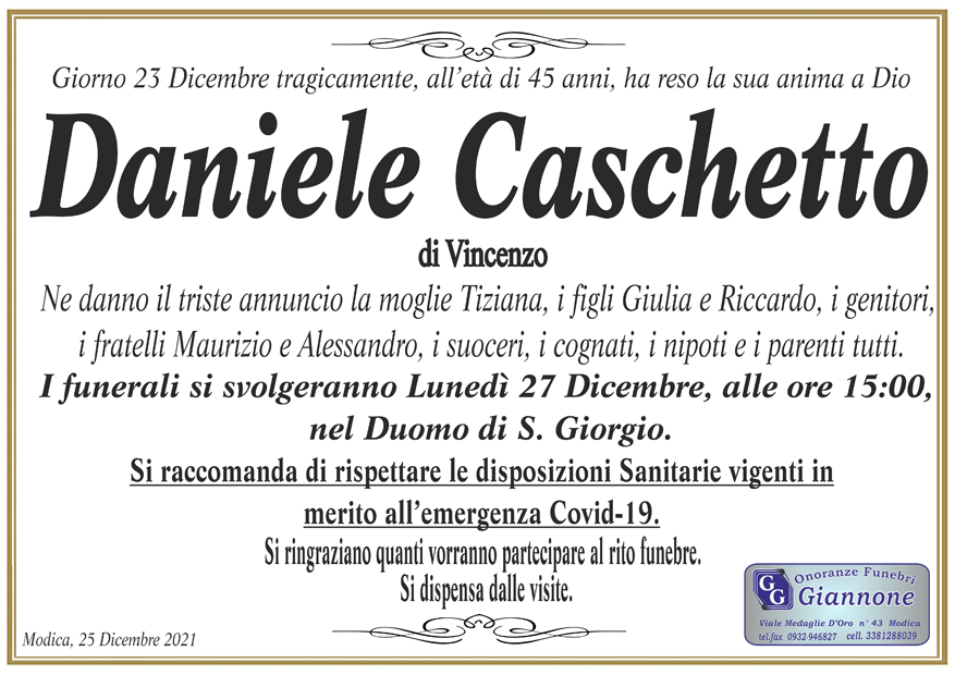 Necrologi: Daniele Caschetto. I funerali lunedì a San Giorgio a Modica
