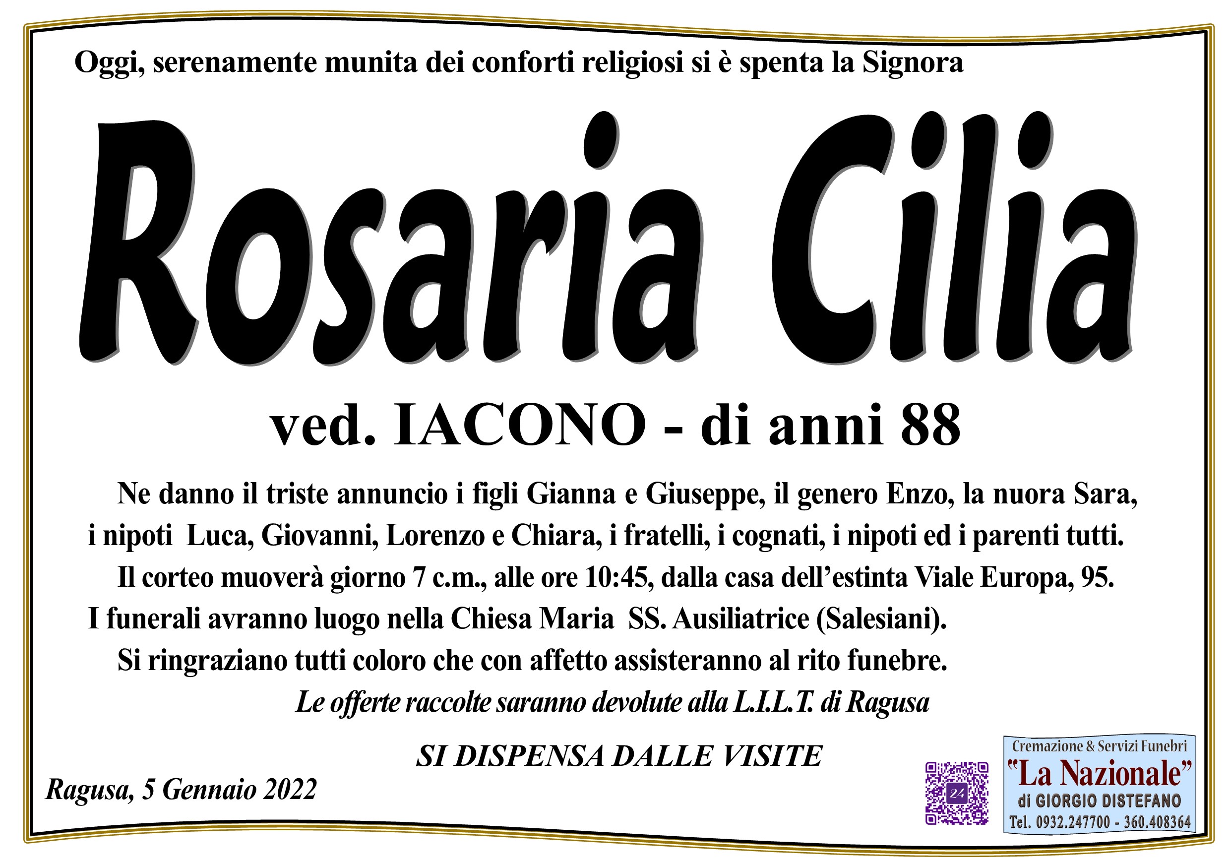 Necrologi: Rosaria Cilia