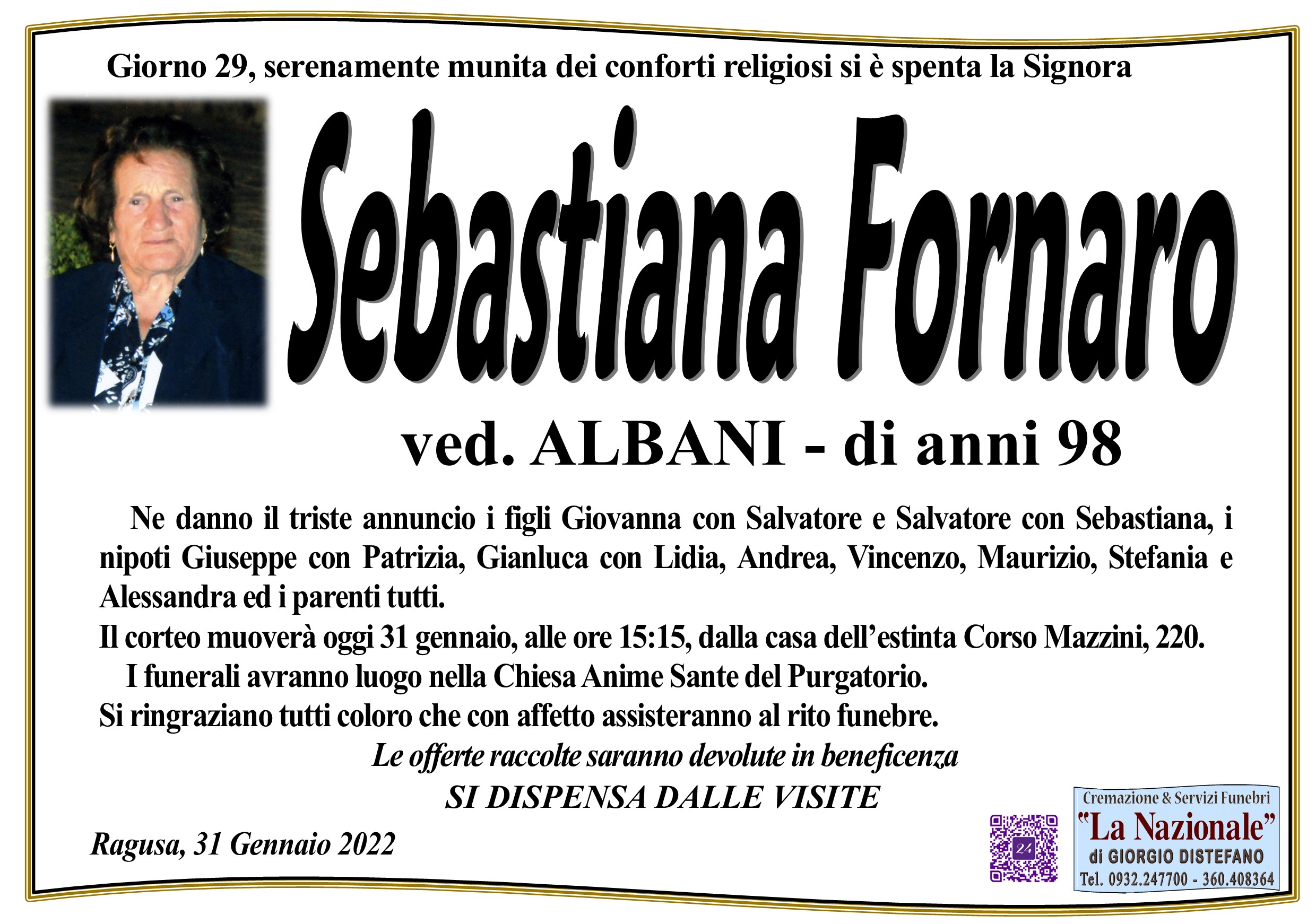 Necrologi: Sebastiana Fornaro