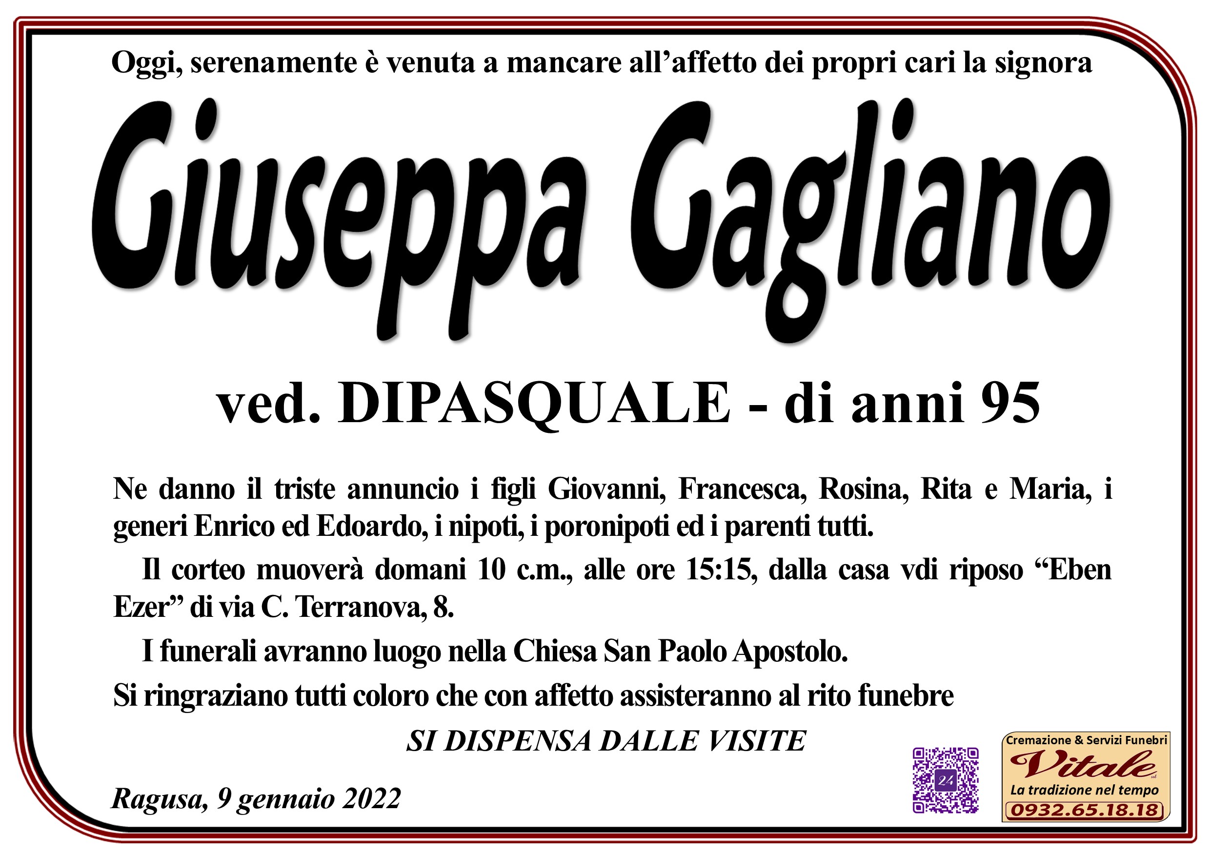 Necrologi: Giuseppa Gagliano