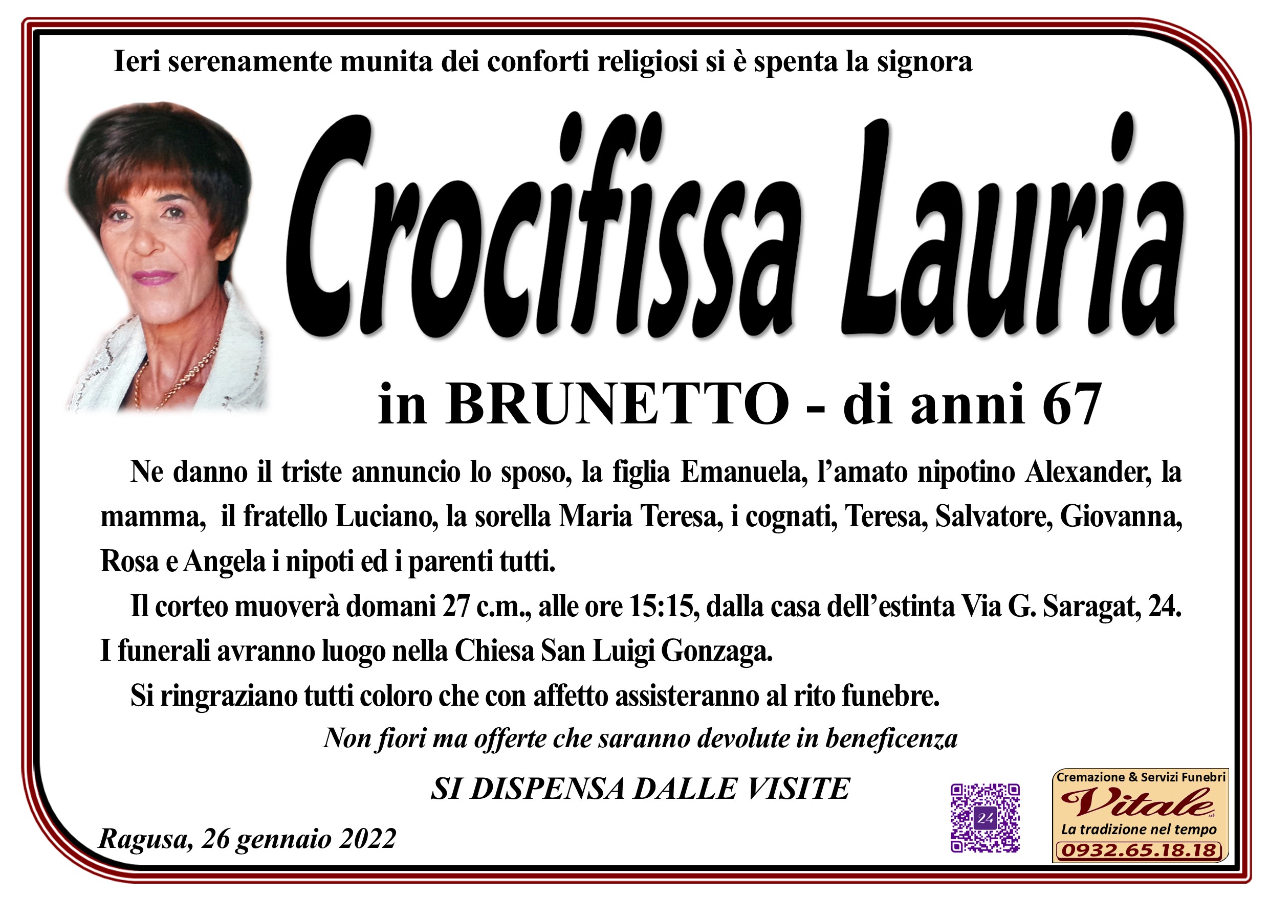 Necrologi: Crocifissa Lauria