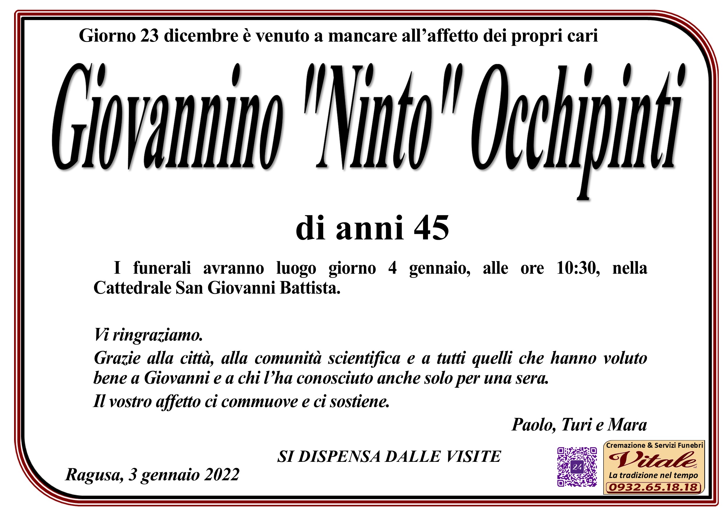 Giovanni “Ninto” Occhipinti: i funerali il 4 gennio