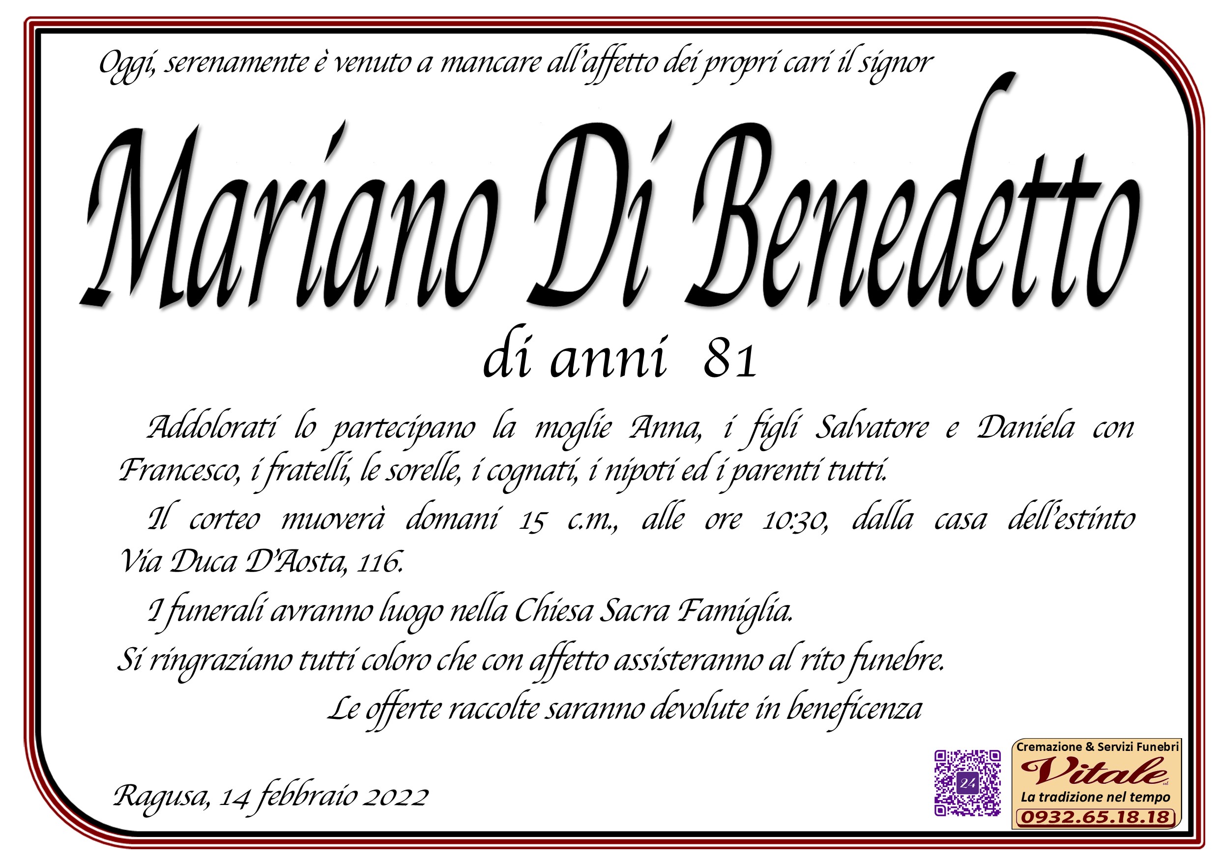 Necrologi: Mariano Di Benedetto