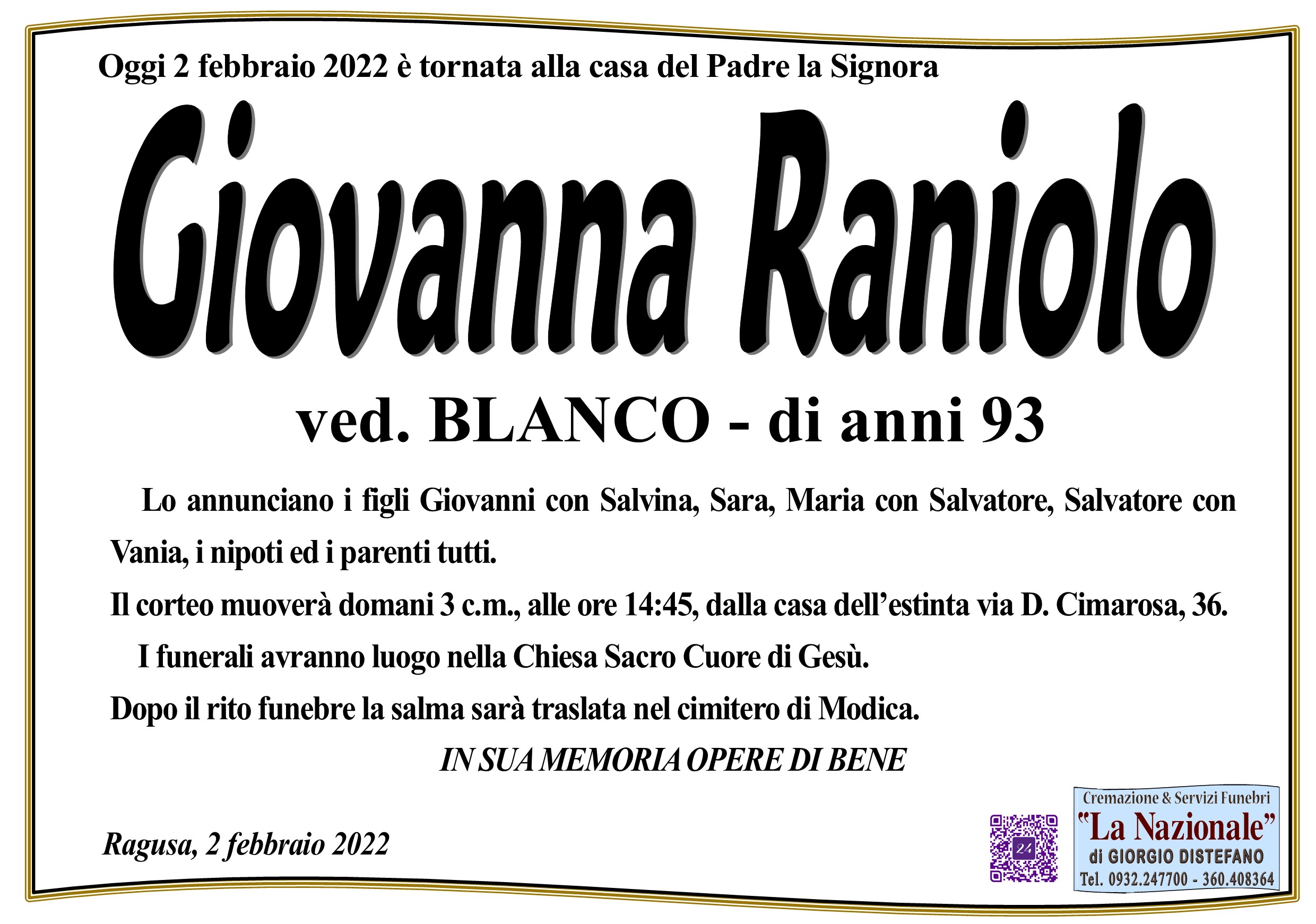 Necrologi: Giovanna Raniolo