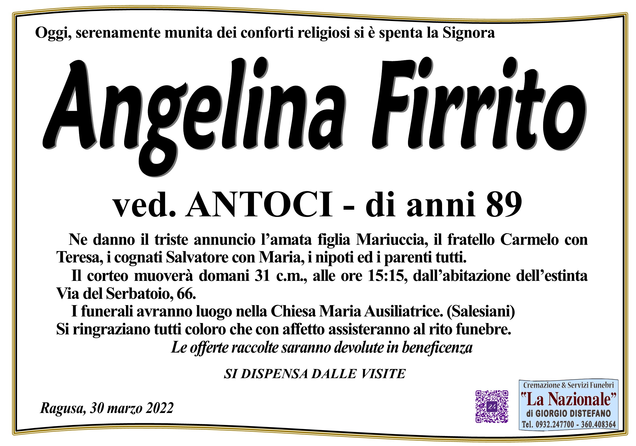 Necrologi: Angelina Firrito