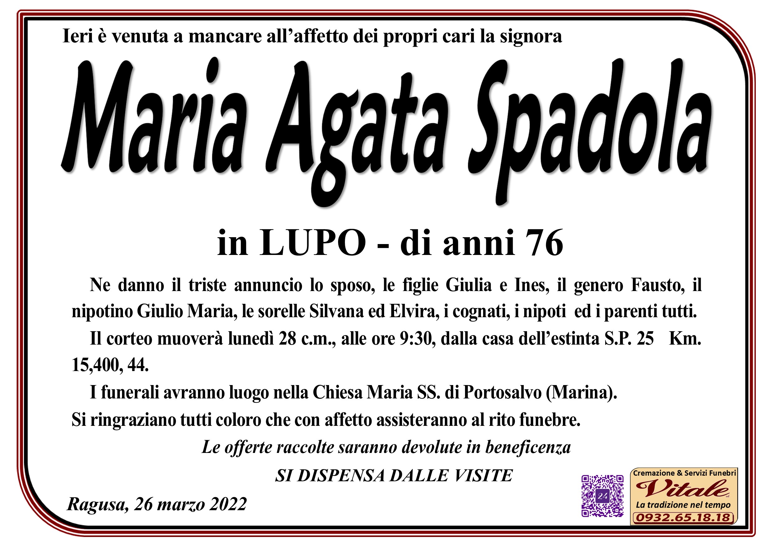 Necrologi: Maria Agata Spadola