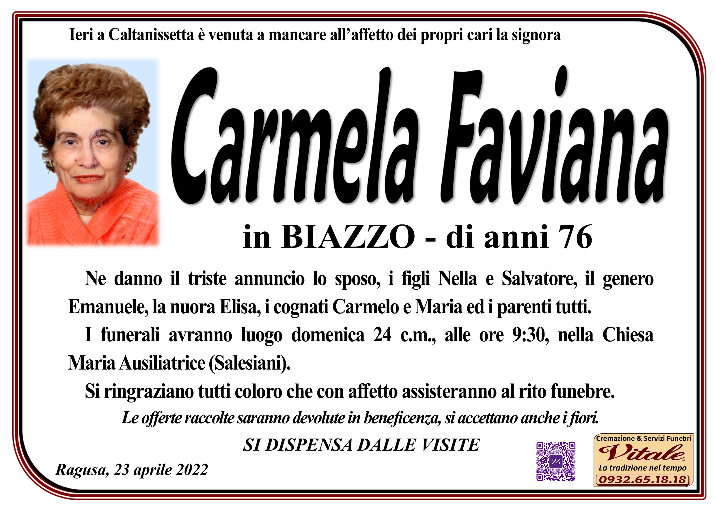 Necrologi: Carmela Faviana