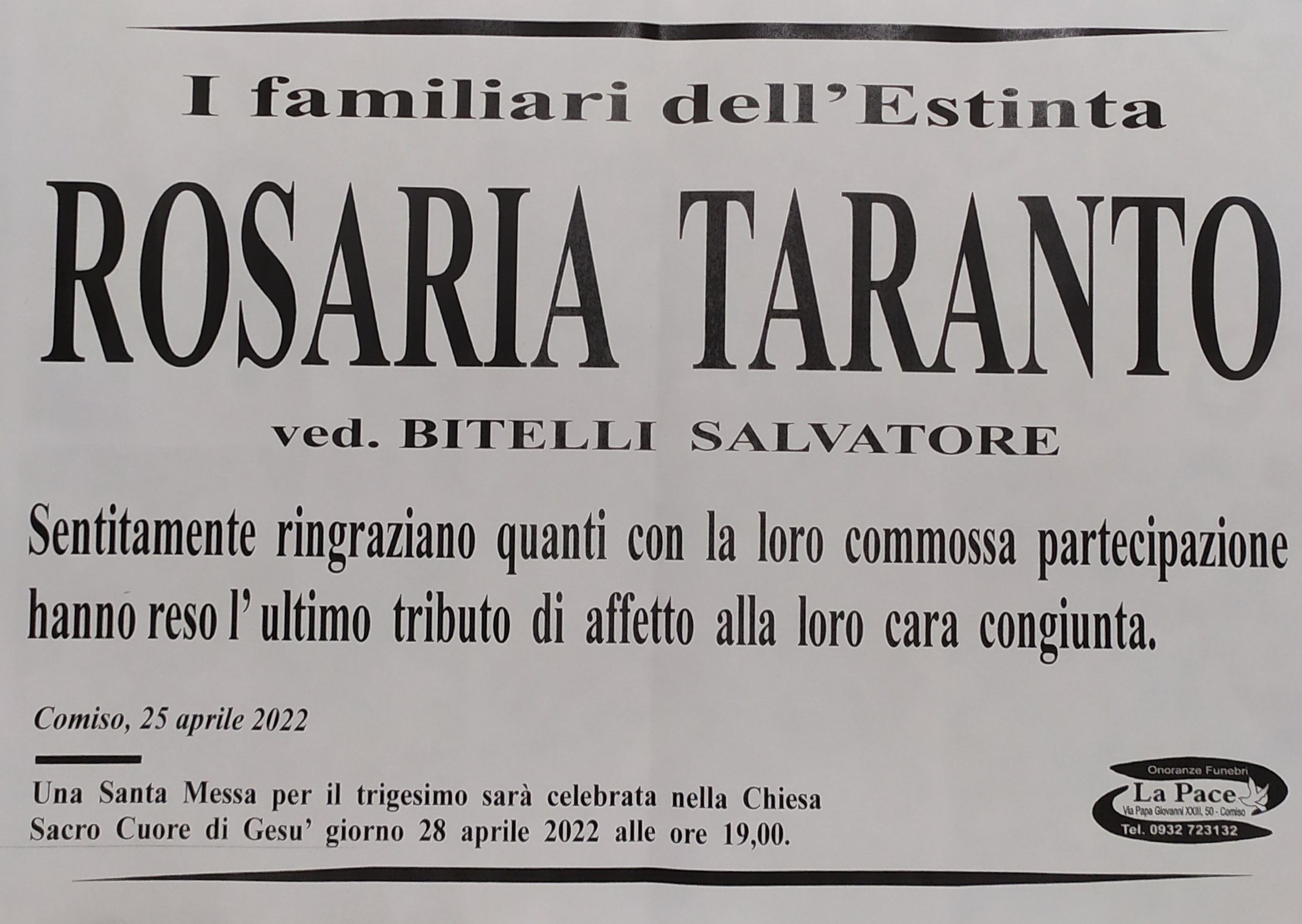 Comiso: E’ deceduta Rosaria Taranto