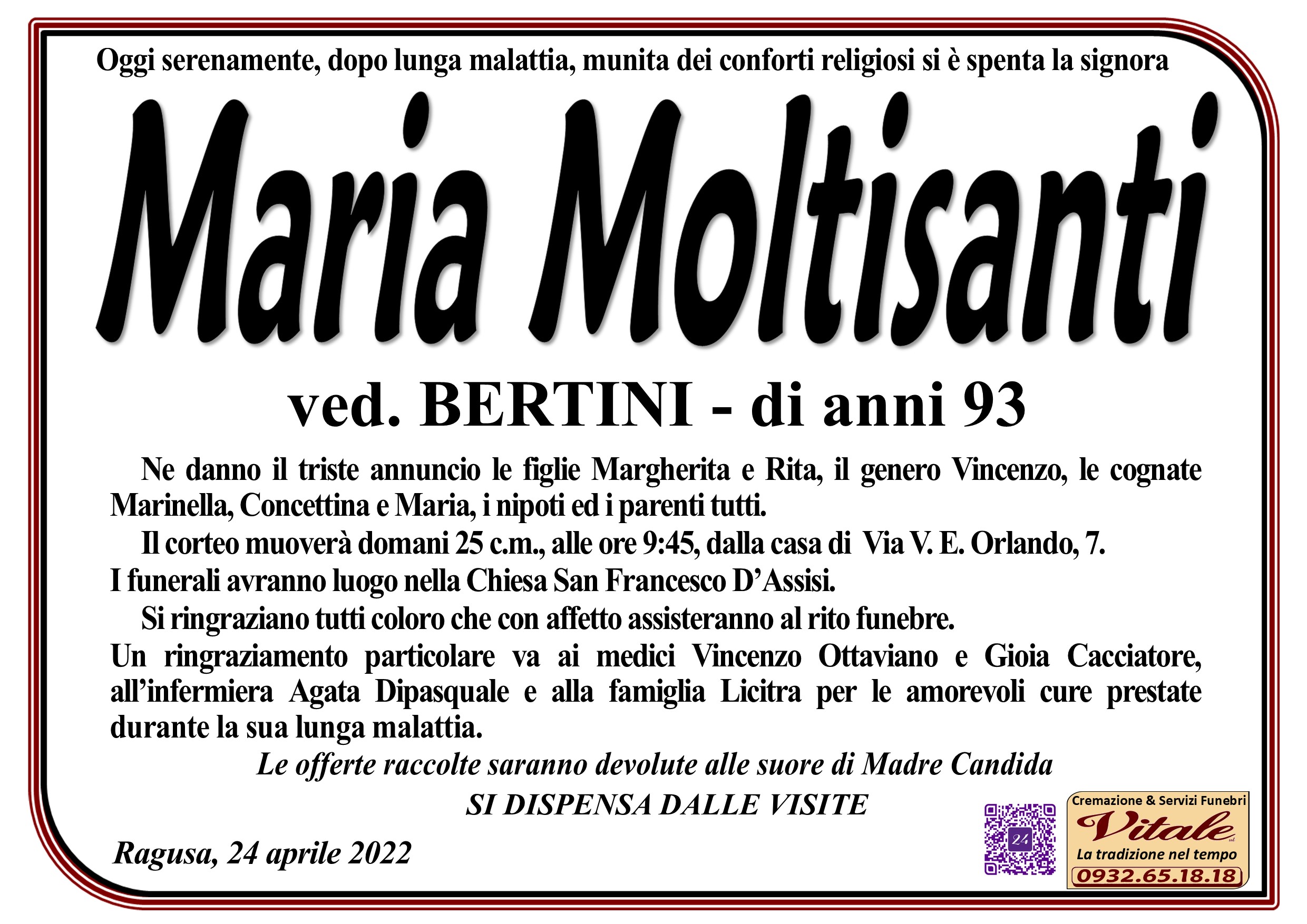 Necrologi: E’ deceduta Maria Moltisanti