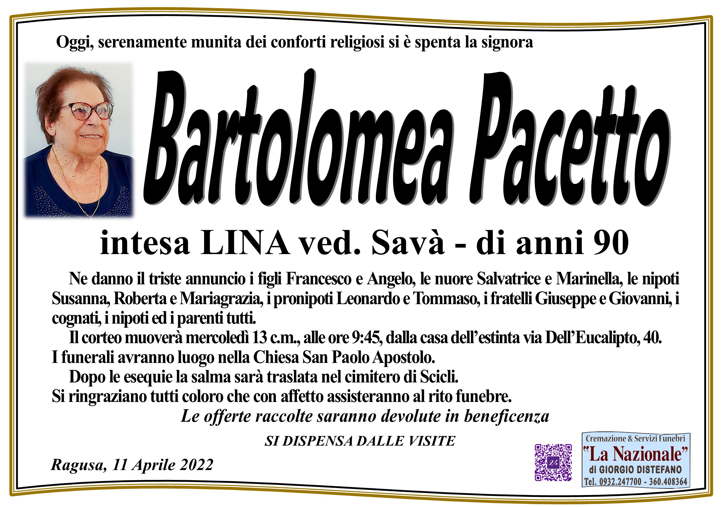 Necrologi: Bartolomea Pacetto