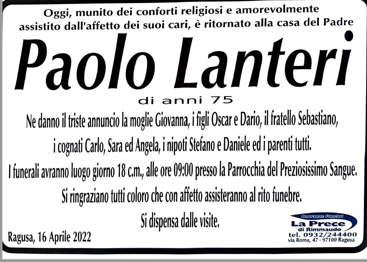Necrologi: E’ deceduto Paolo Lanteri