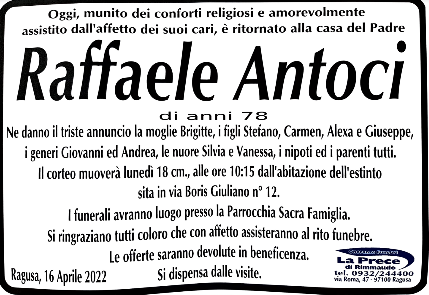 Necrologi: E’ scomparso Raffaele Antoci