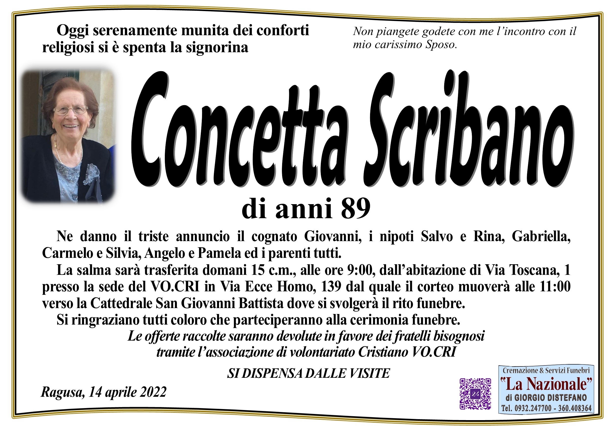 Necrologi: è deceduta Concetta Scribano