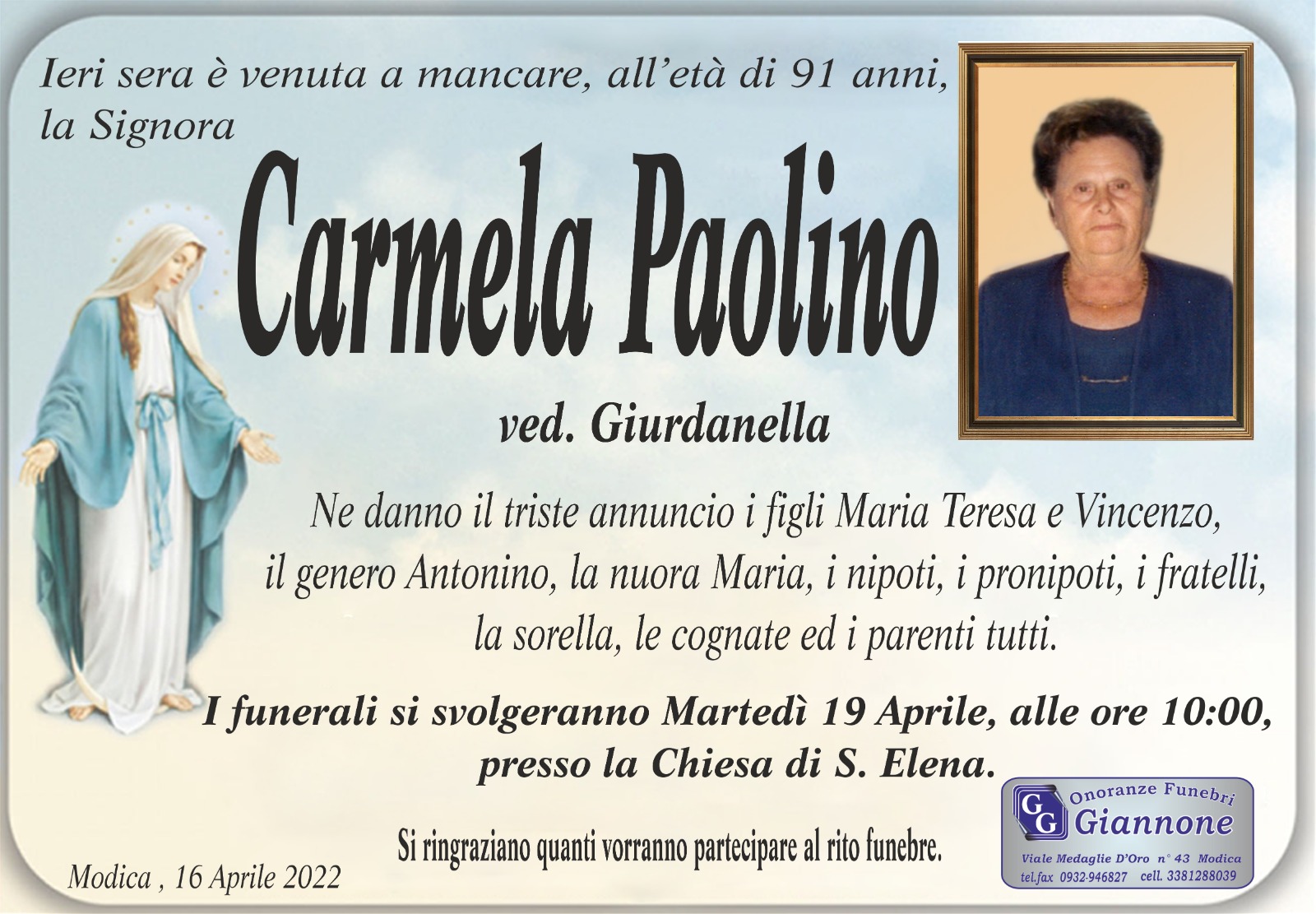 Necrologi: Carmela Paolino