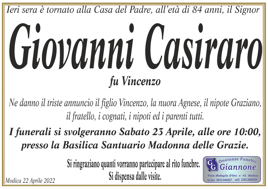 Necrologi: Giovanni Casiraro
