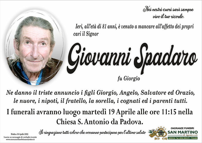 Necrologi: E’ deceduto Giovanni Spadaro