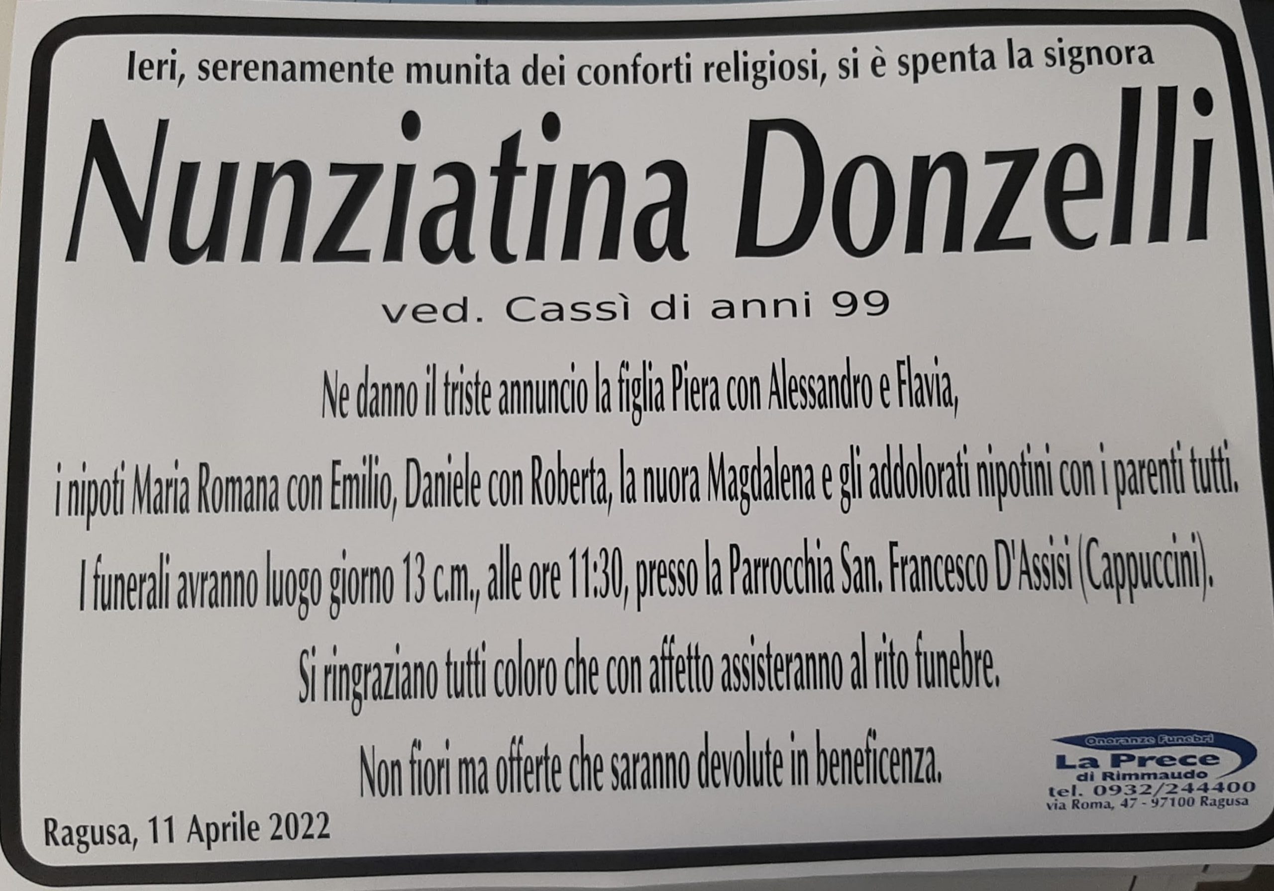 Necrologi: E’ deceduta Nunziatina Donzelli