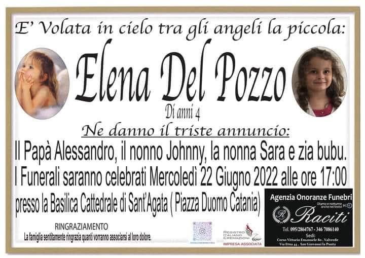 Necrologi: Mercoledi 22 Giugno i funerali della piccola Elena del Pozzo