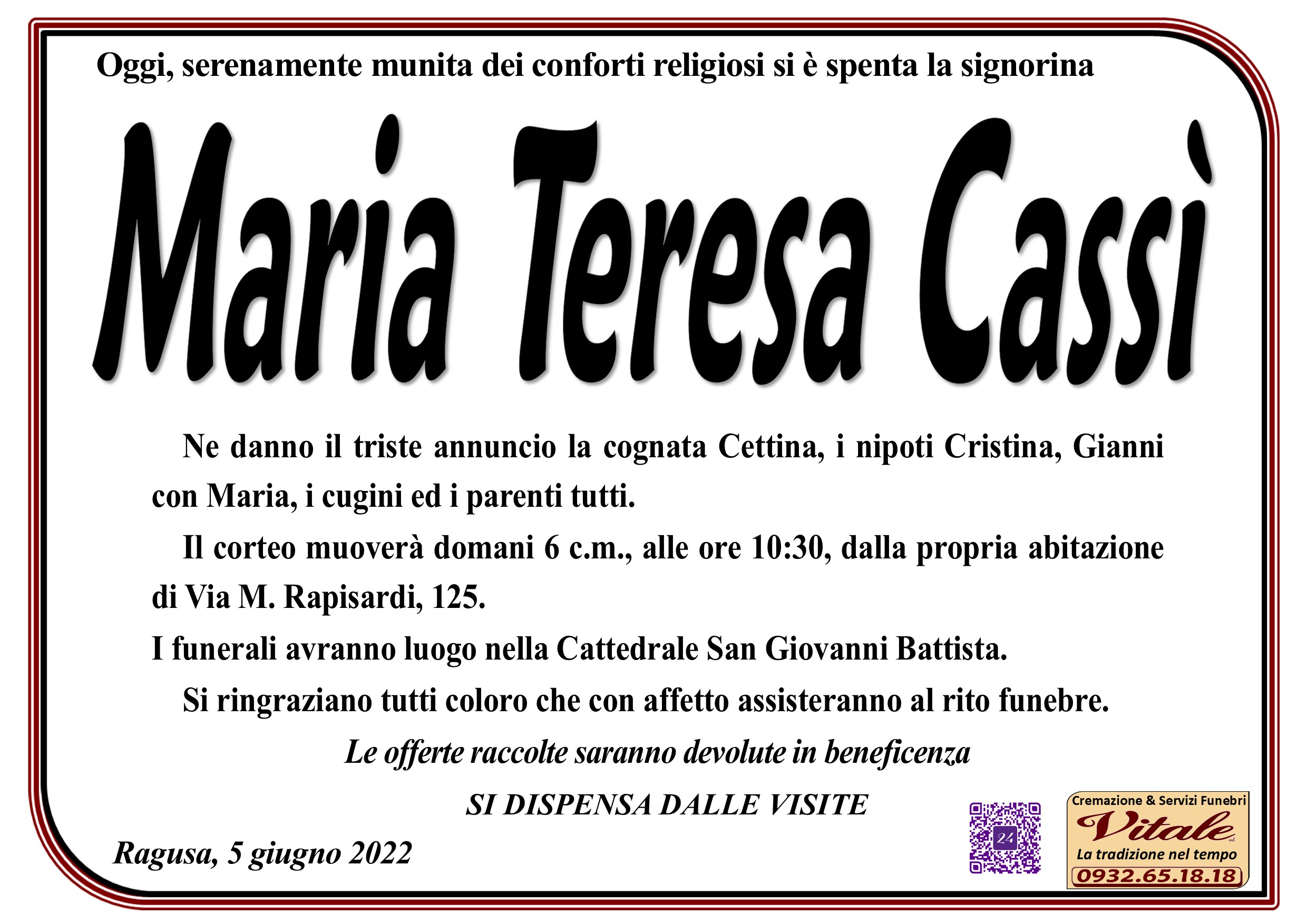 Necrologi: Maria Teresa Cassì