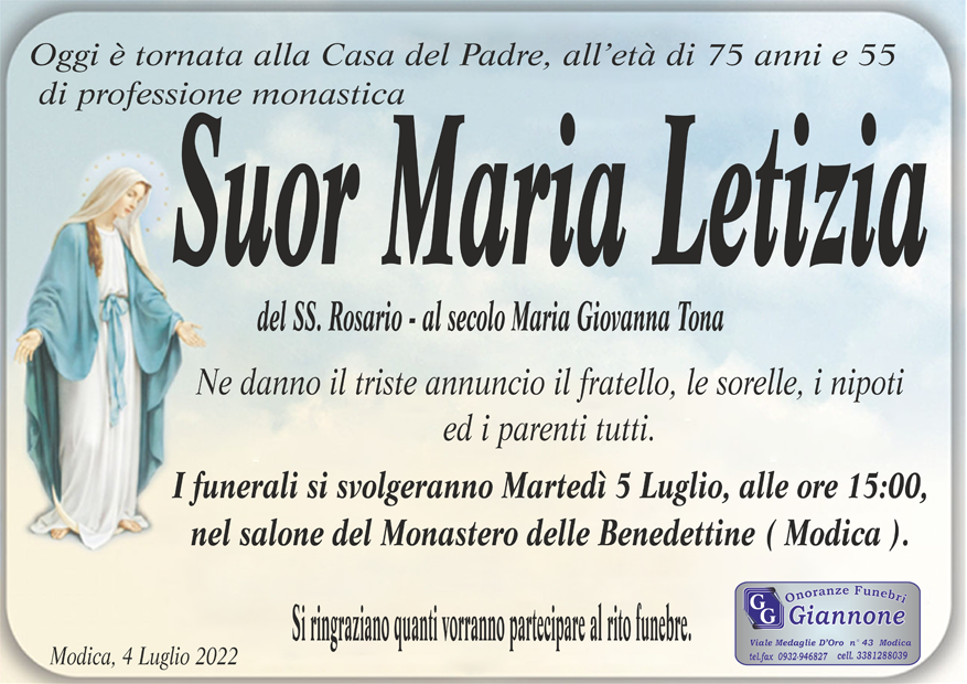 Necrologi: Suor Maria Letizia