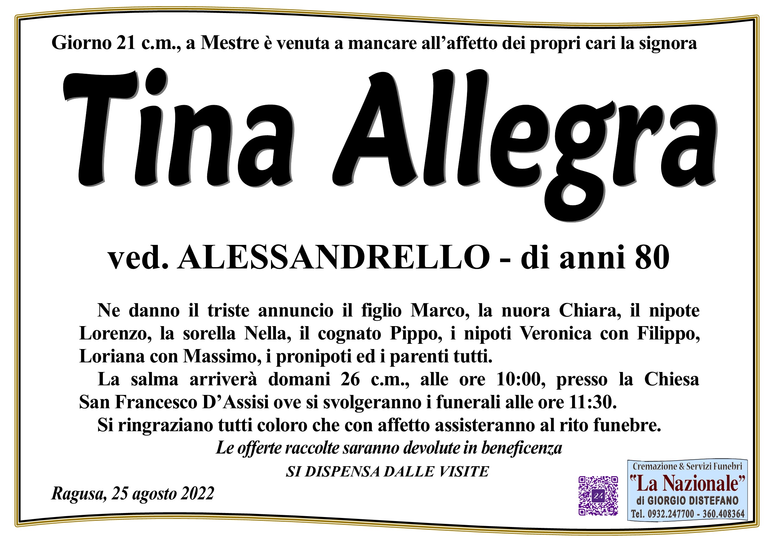 Necrologi: Tina Allegra
