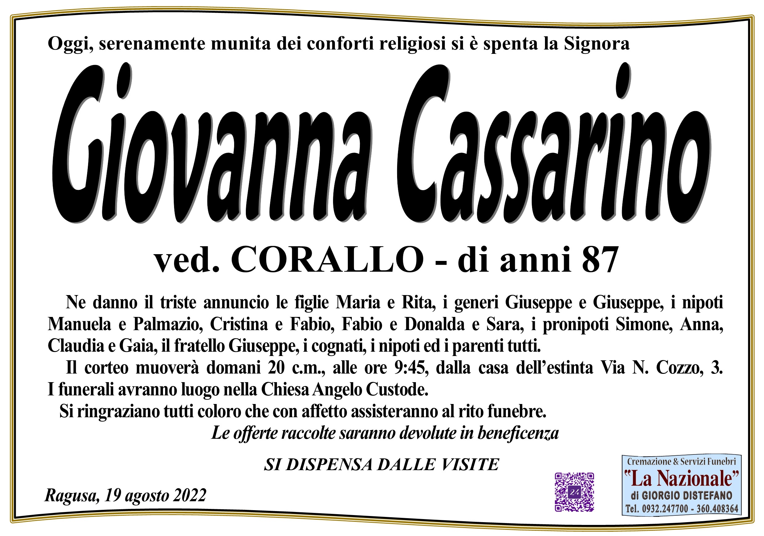 Necrologi: Giovanna Cassarino