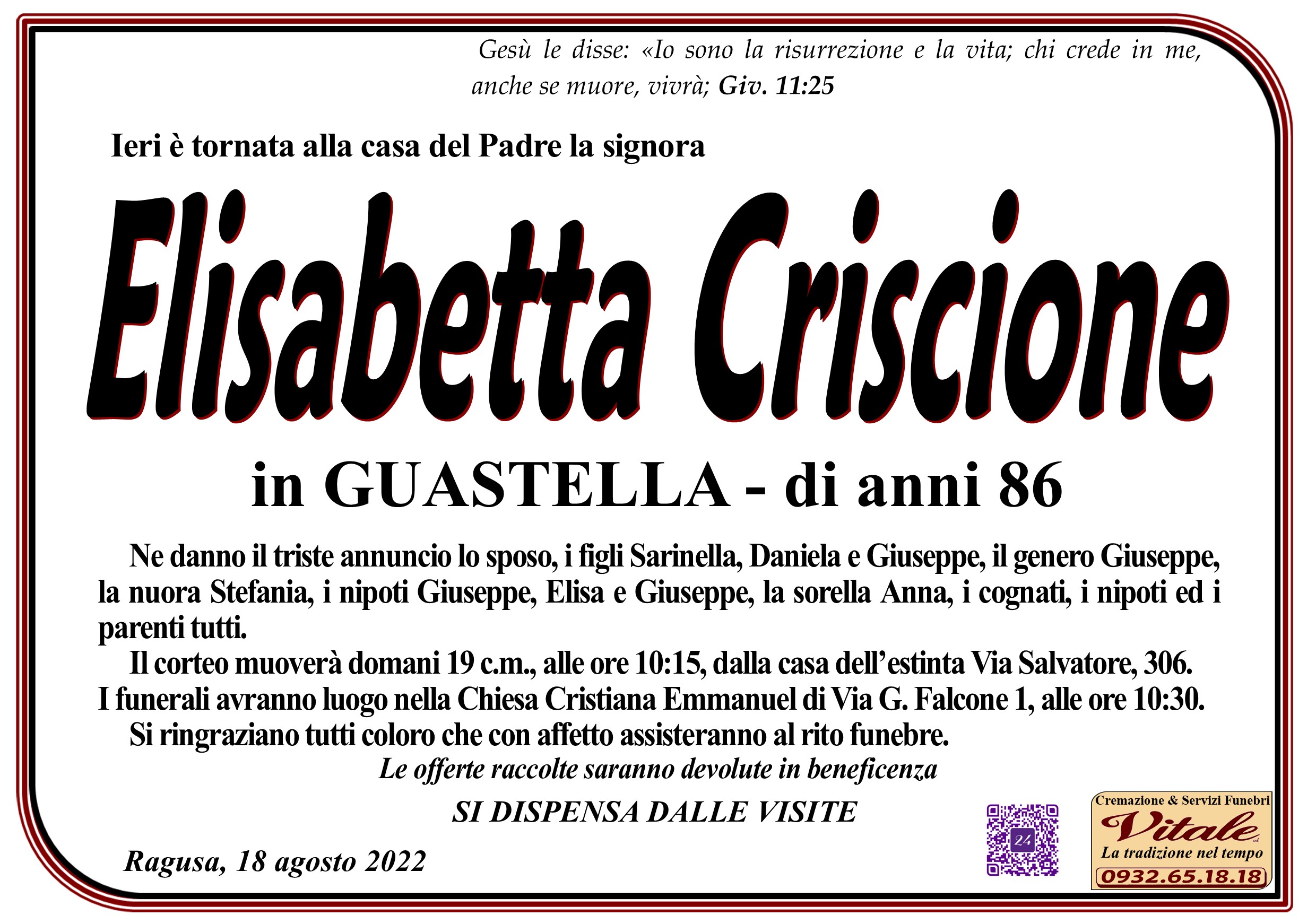 Necrologi: Elisabetta Criscione