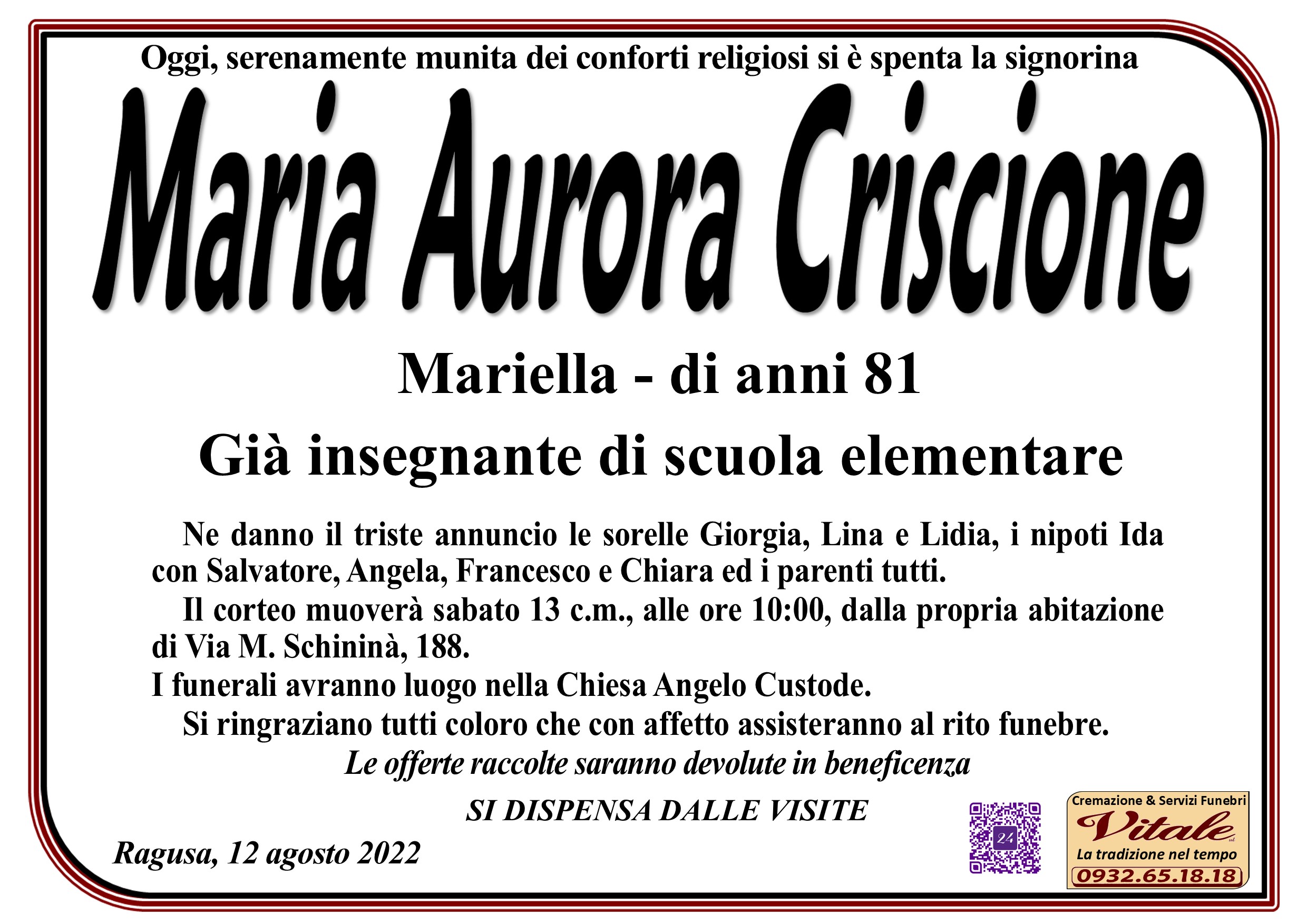 Necrologi: Maria Aurora Criscione