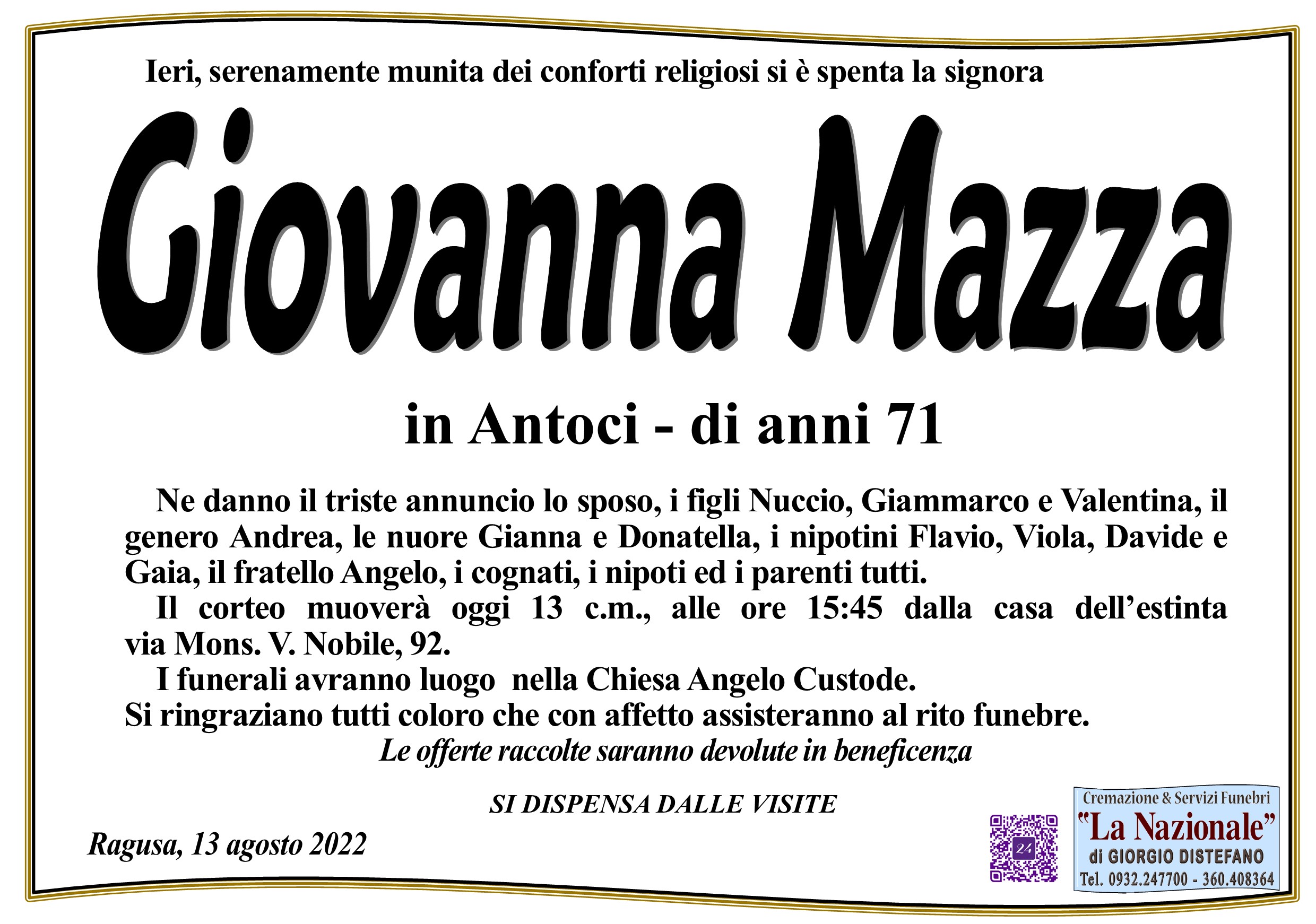 Necrologi: Giovanna Mazza
