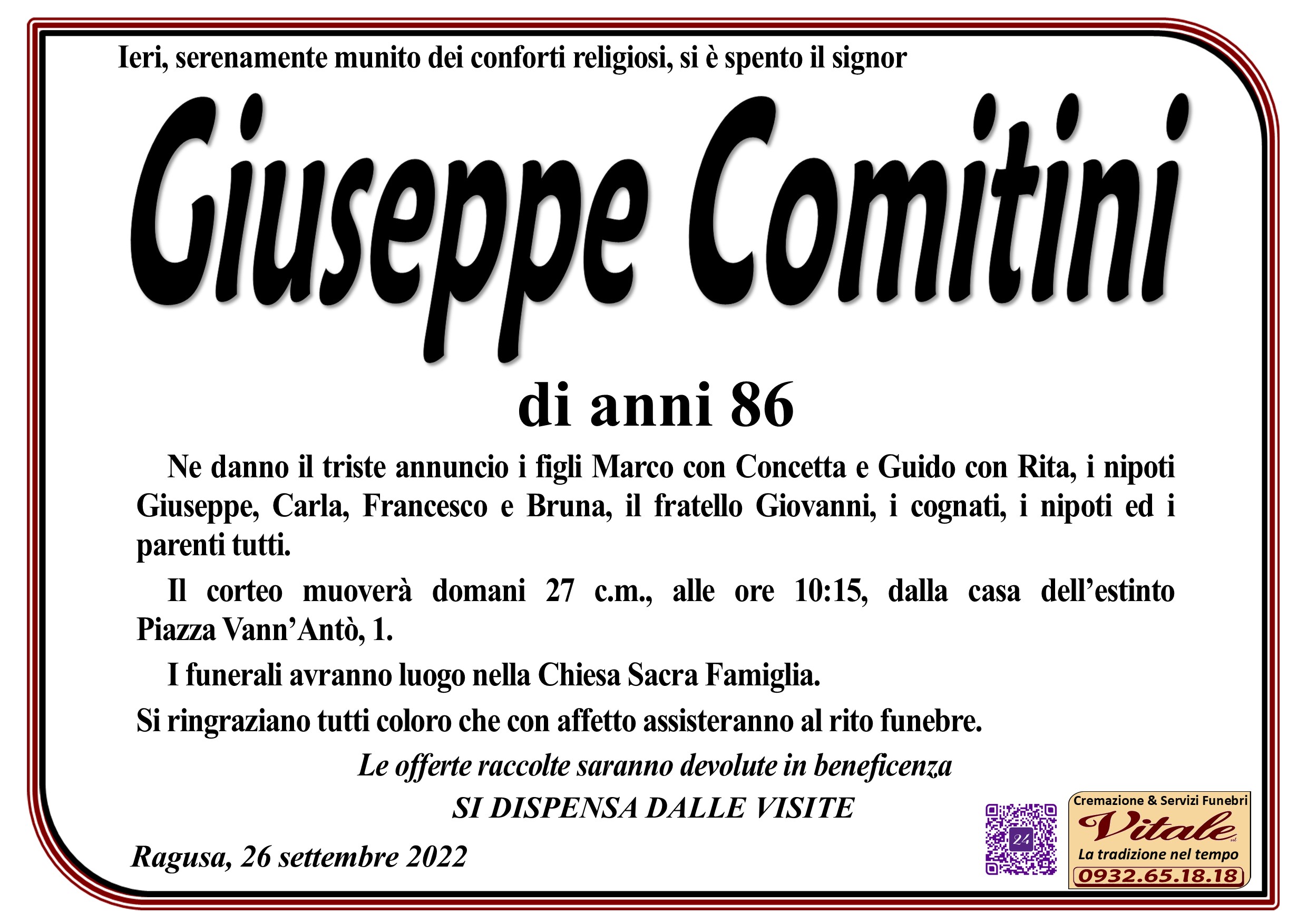 Necrologi: Giuseppe Comitini