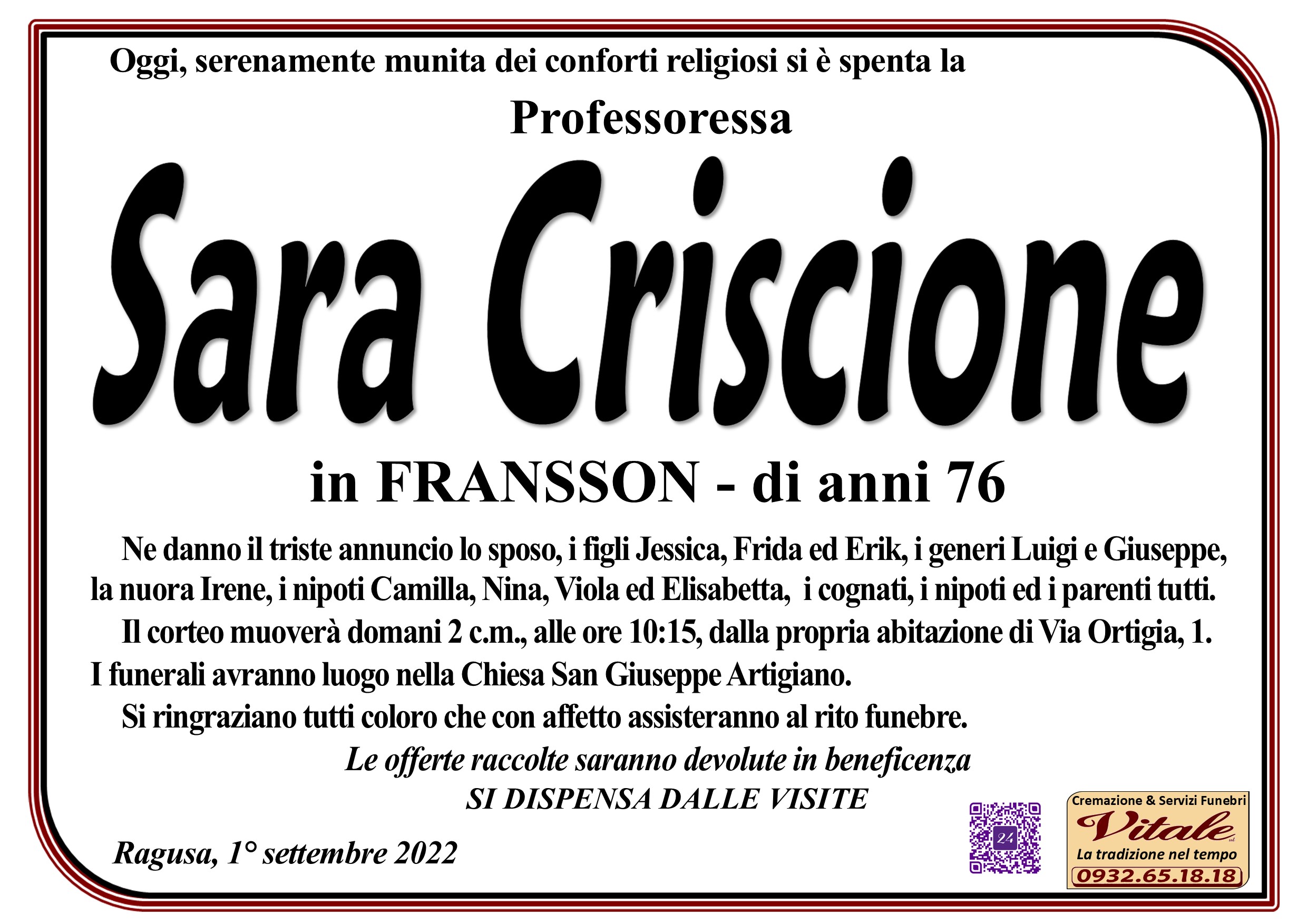 Necrologi Rosaria Criscione Fransson