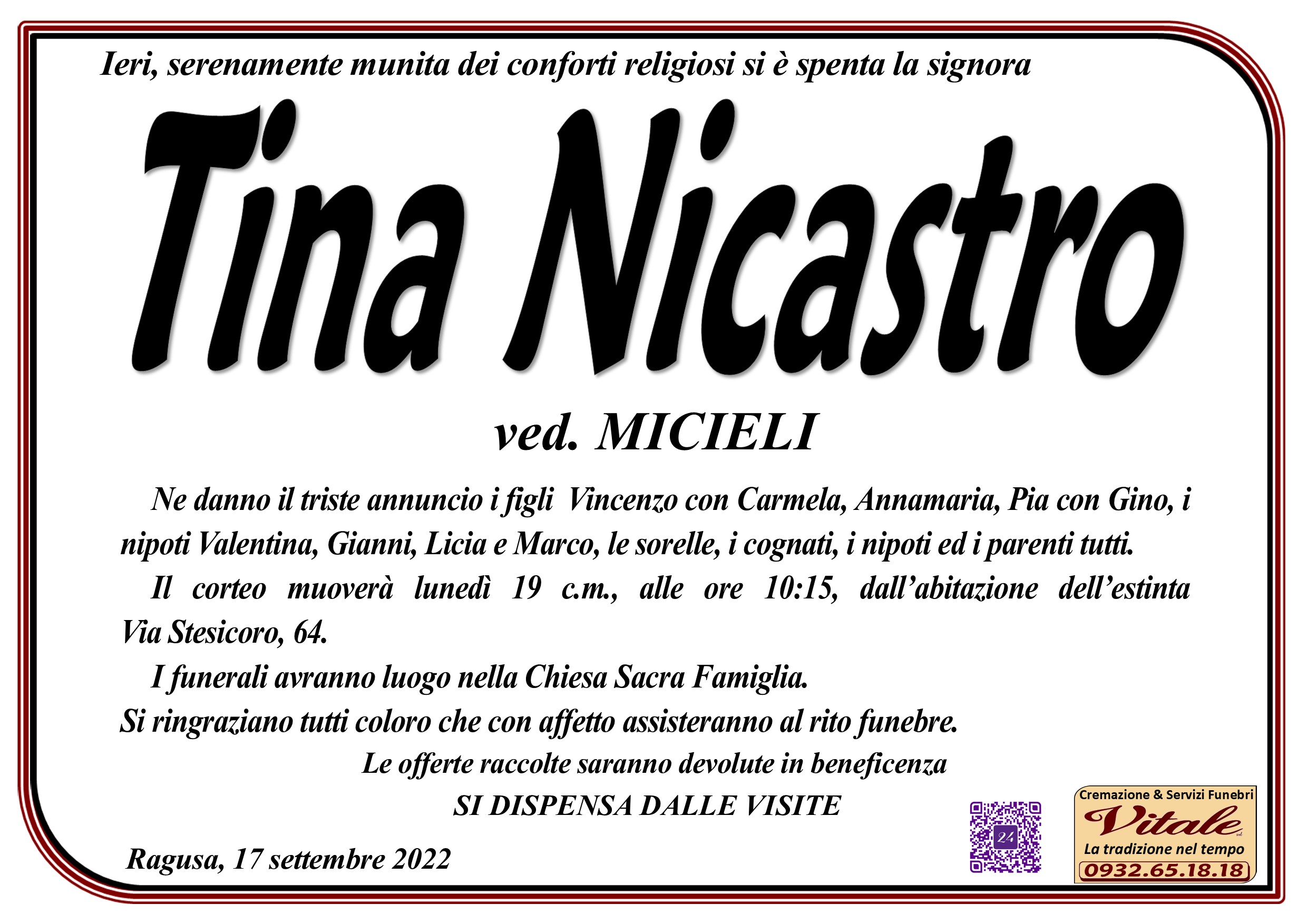 Necrologi: Tina Nicastro