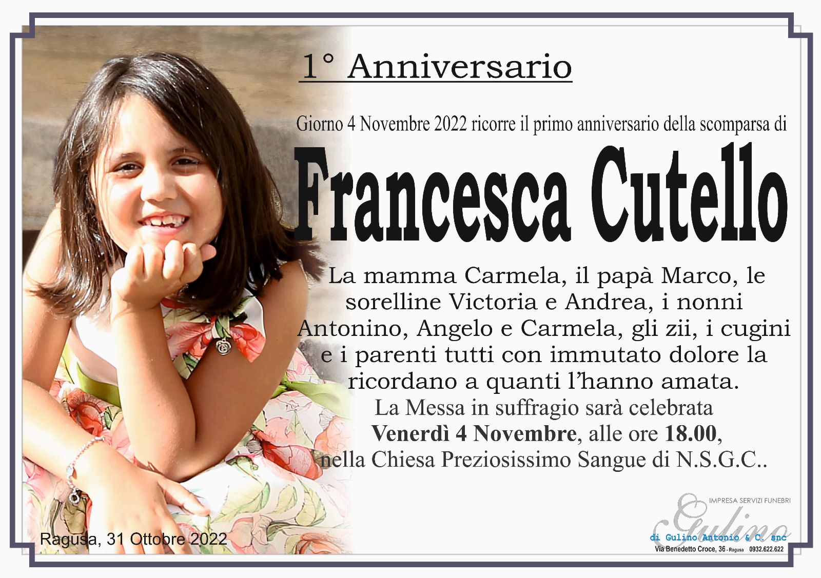 Necrologi: anniversario Francesca Cutello