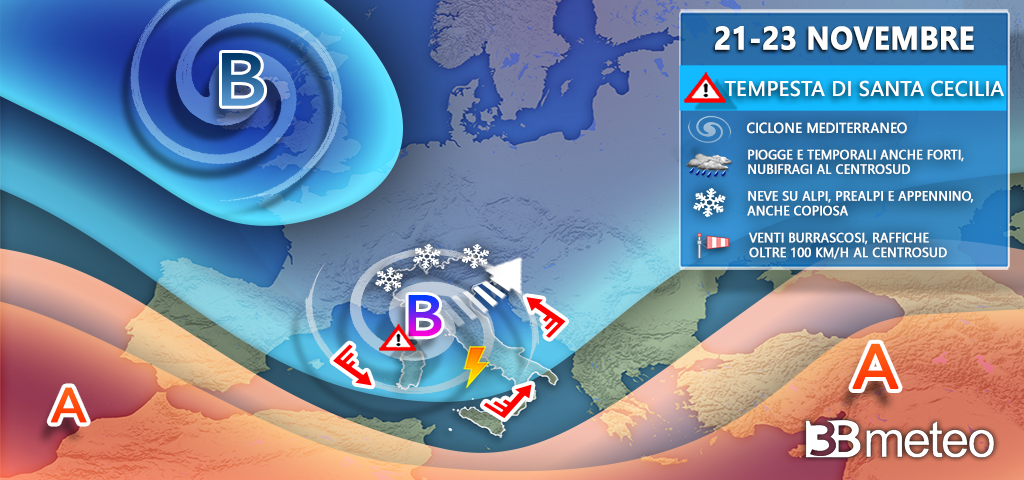 In arrivo la tempesta di Santa Cecilia, nubifragi, burrasche di vento e tanta neve in montagna
