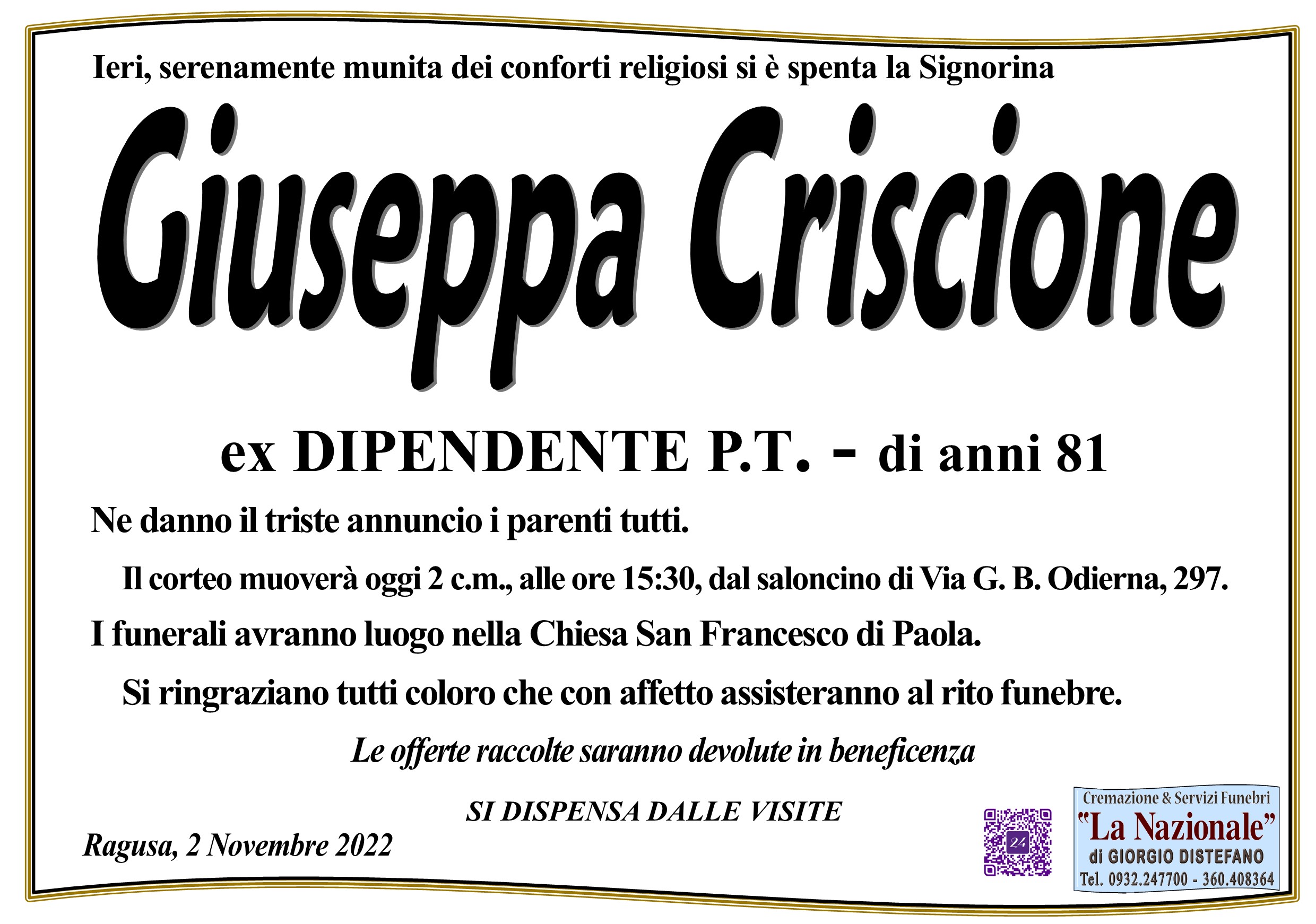 Necrologi: Giuseppa Criscione