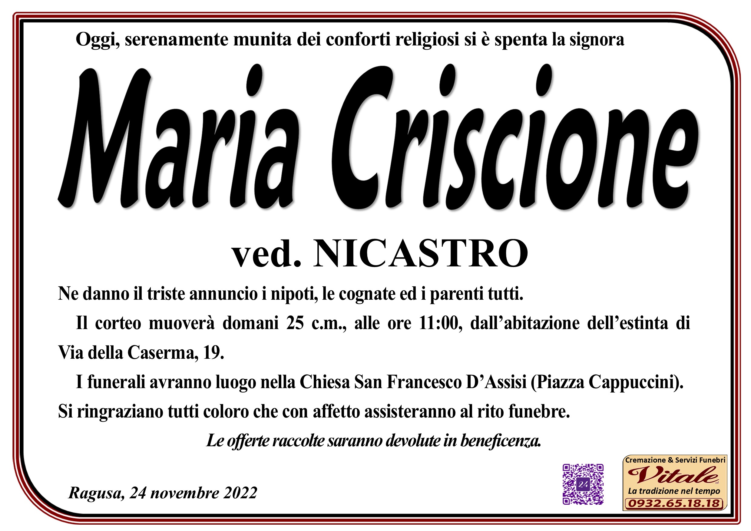 Necrologi: Maria Criscione