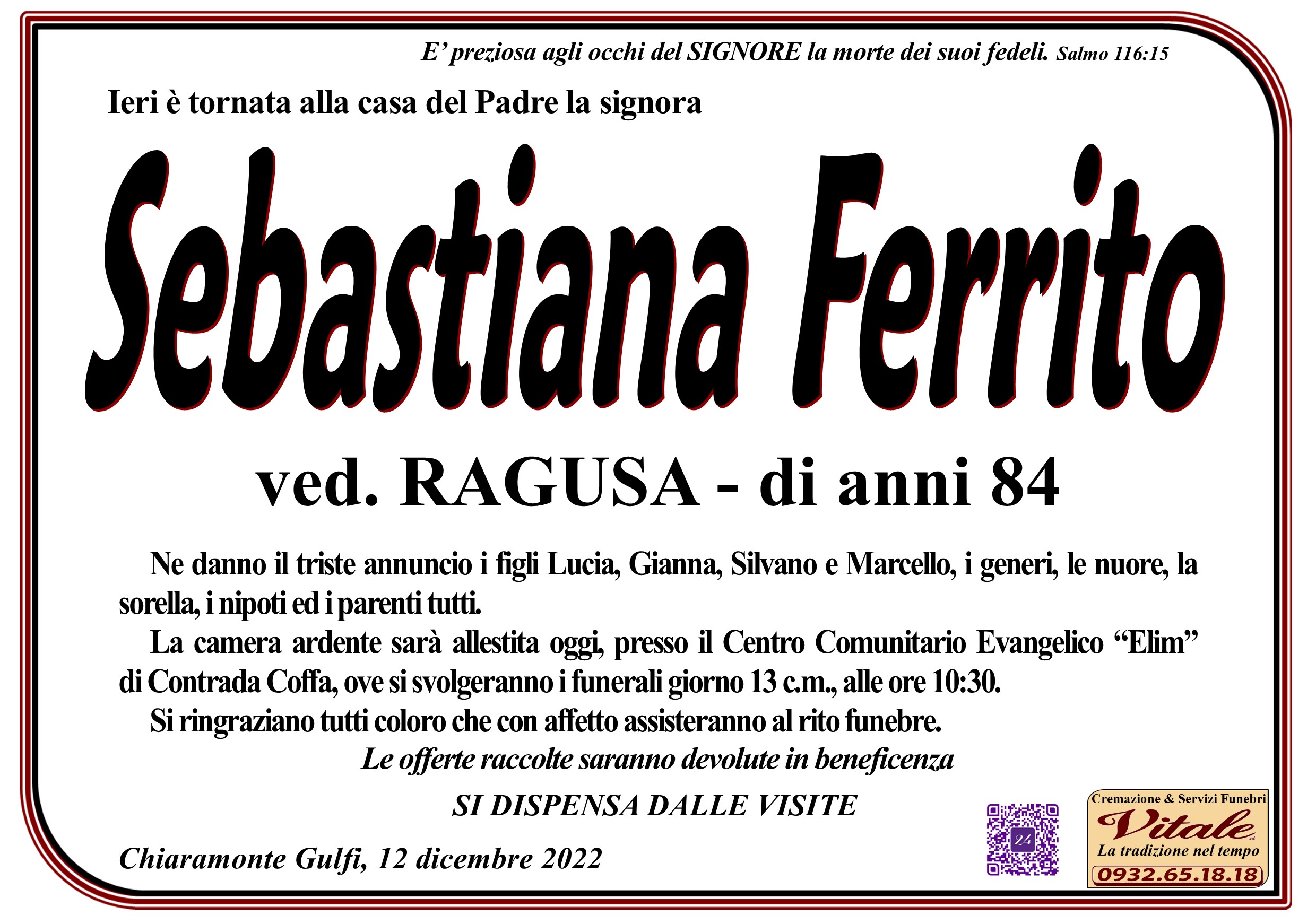Necrologi: Sebastiana Ferrito
