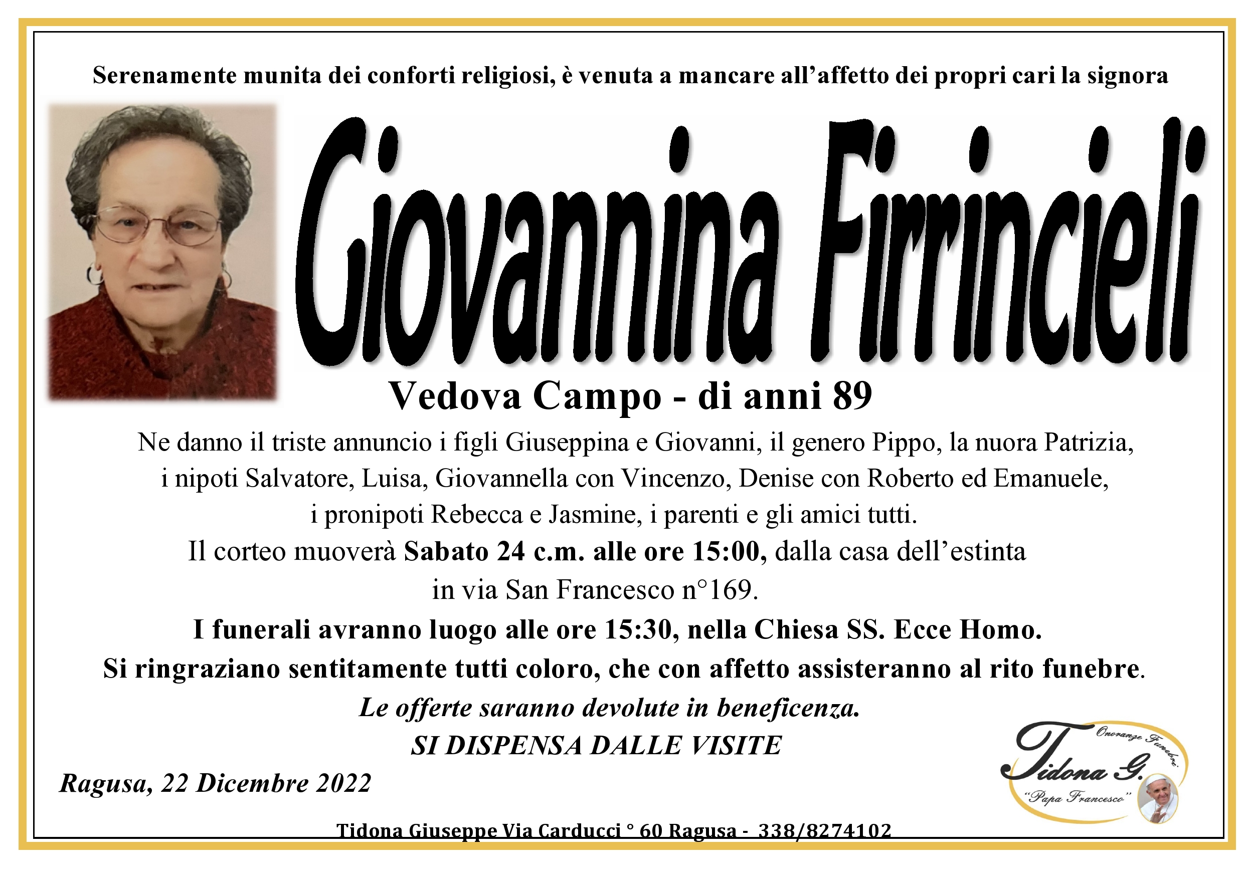 Necrologi: E’ deceduta Giovannina Firrincieli