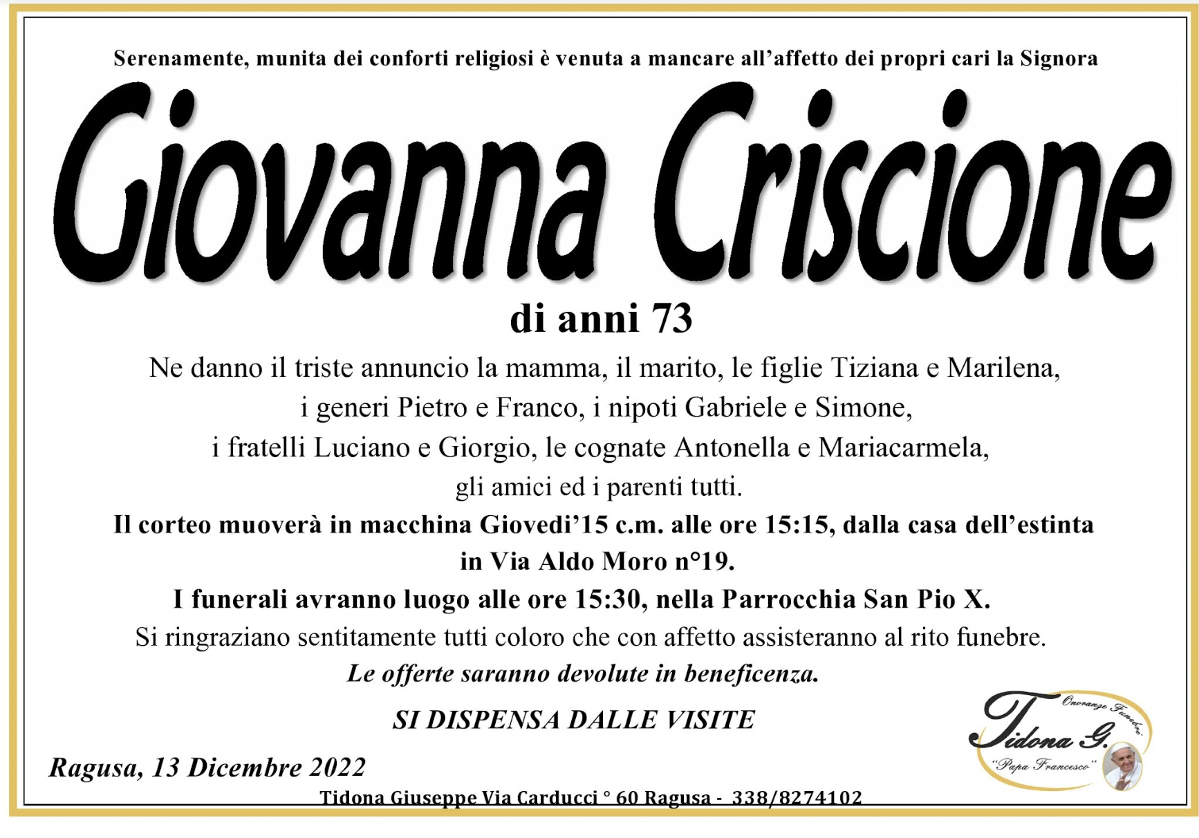 Necrologi: E’ deceduta Giovanna Criscione